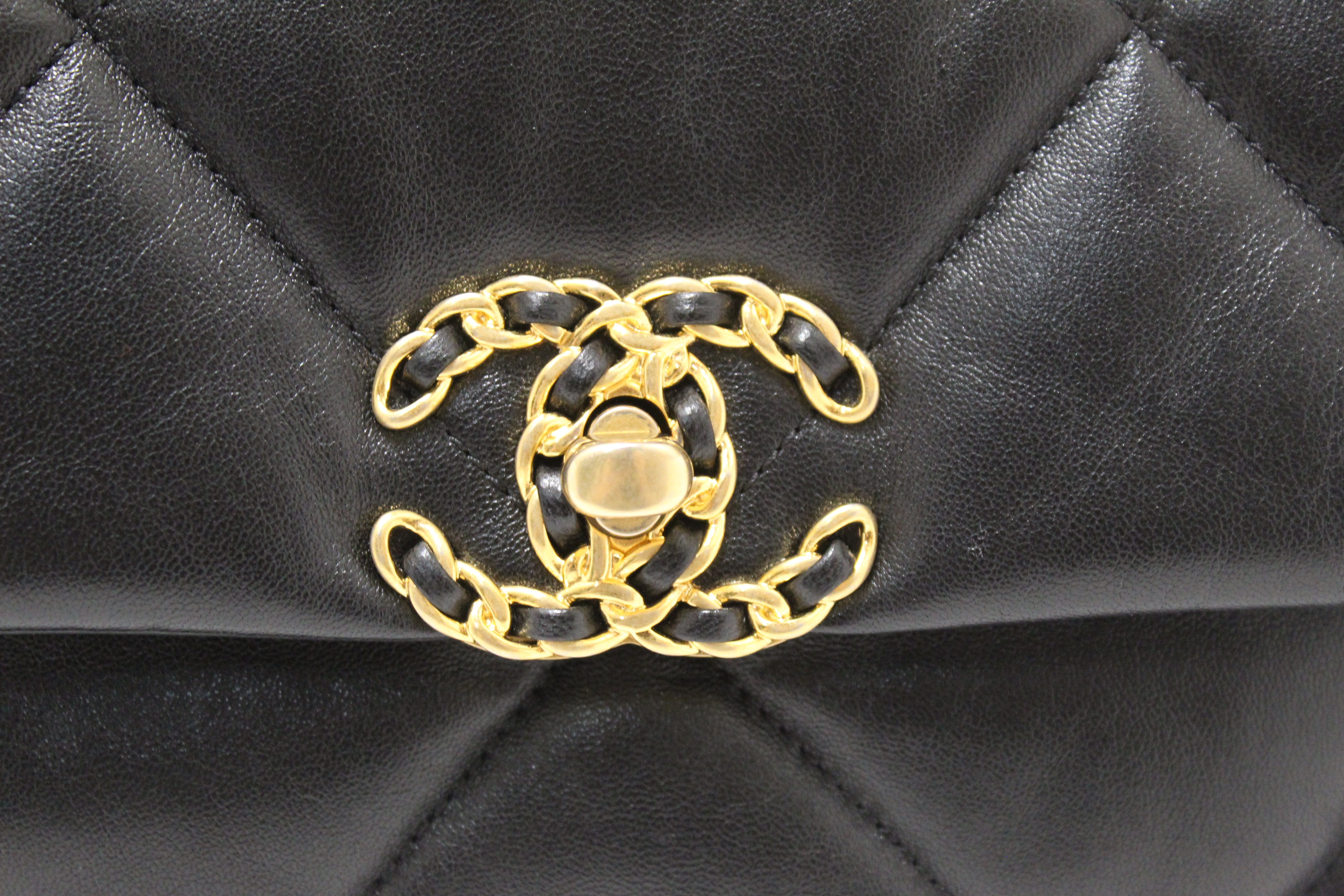 Authentic Chanel 19 Small Black Quilted Lambskin Leather Shoulder Crossbody Bag
