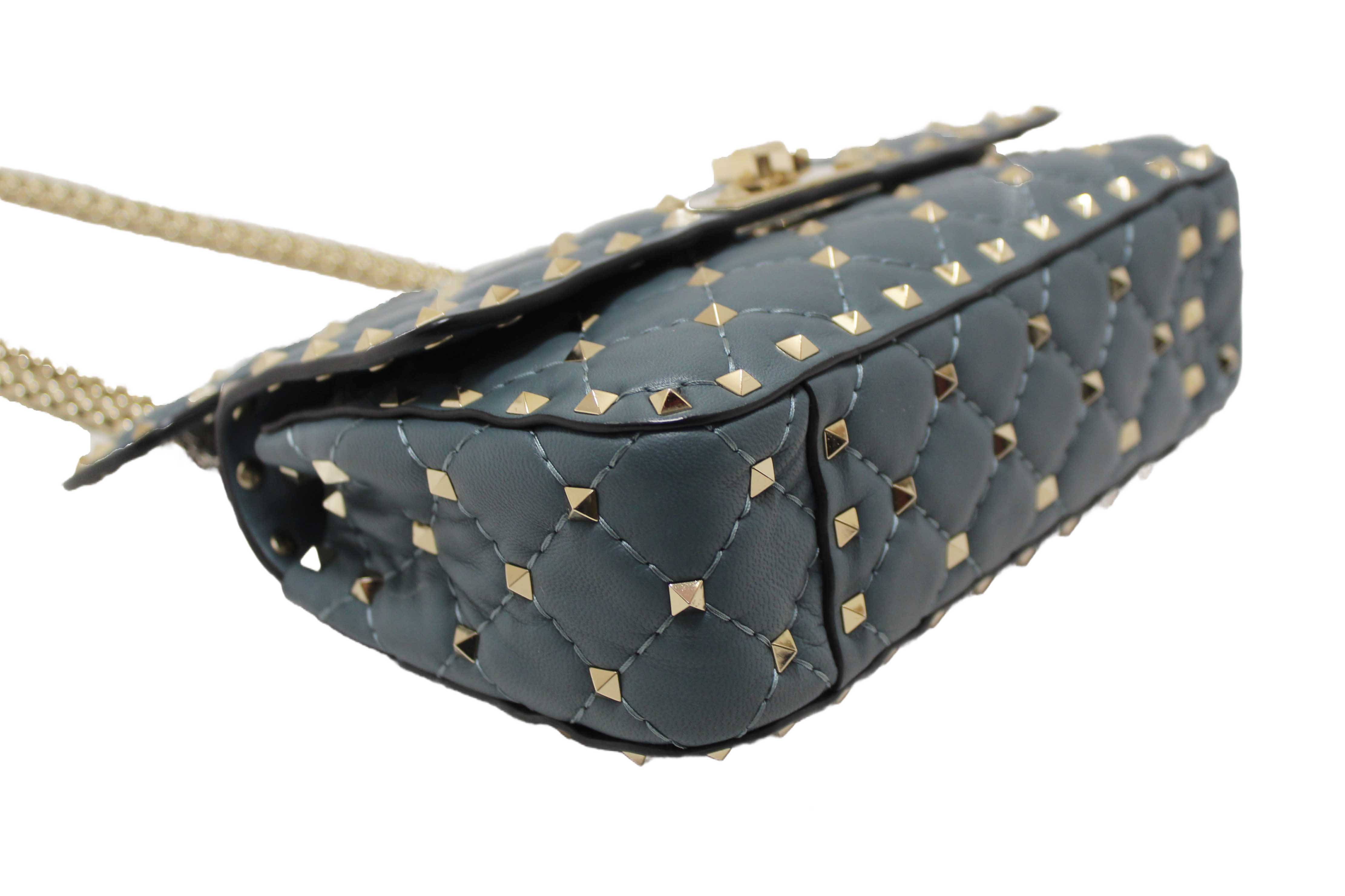 Authentic Valentino Garavani Blue Quilted Nappa Leather Rockstud Spike Small Shoulder Bag