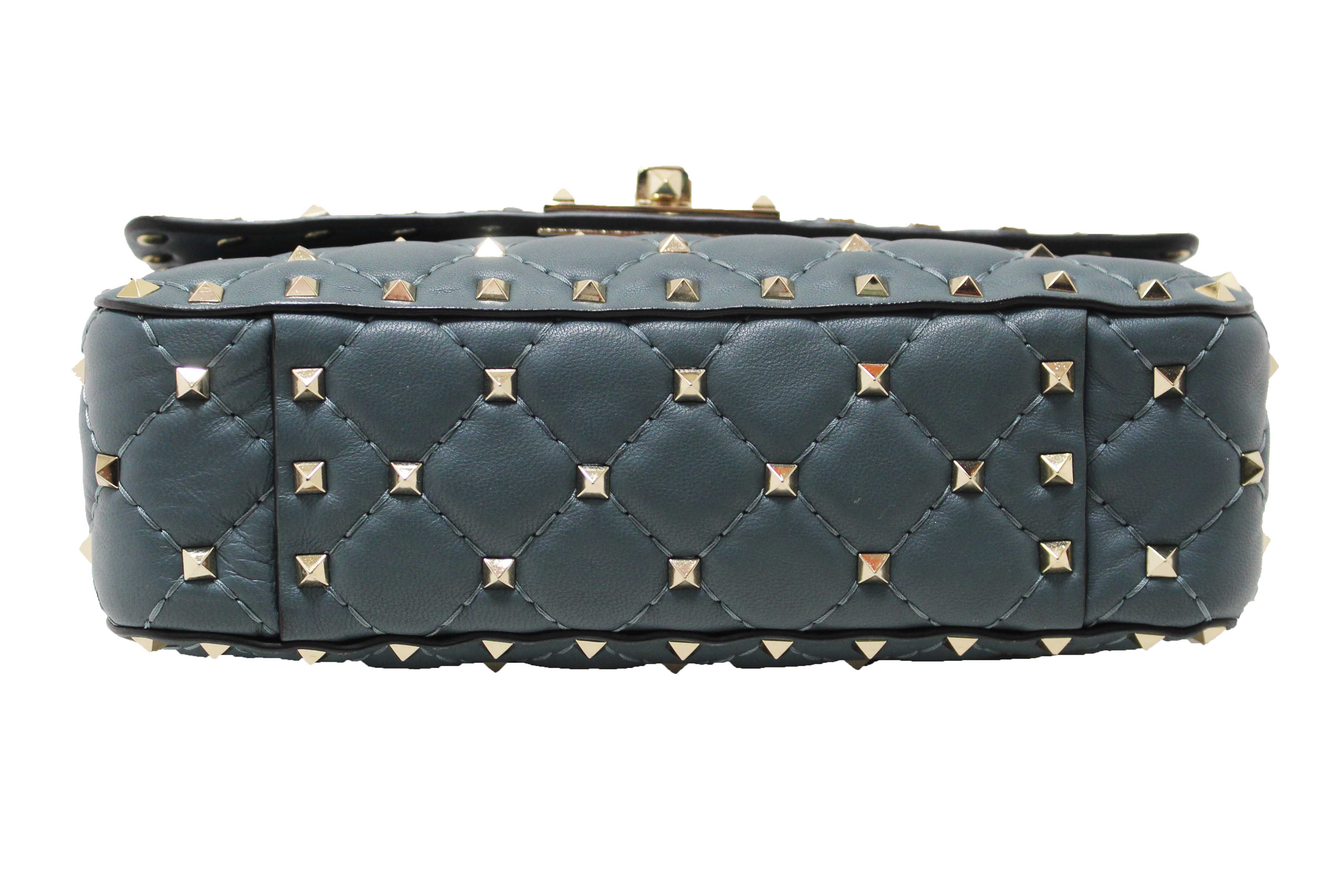 Authentic Valentino Garavani Blue Quilted Nappa Leather Rockstud Spike Small Shoulder Bag