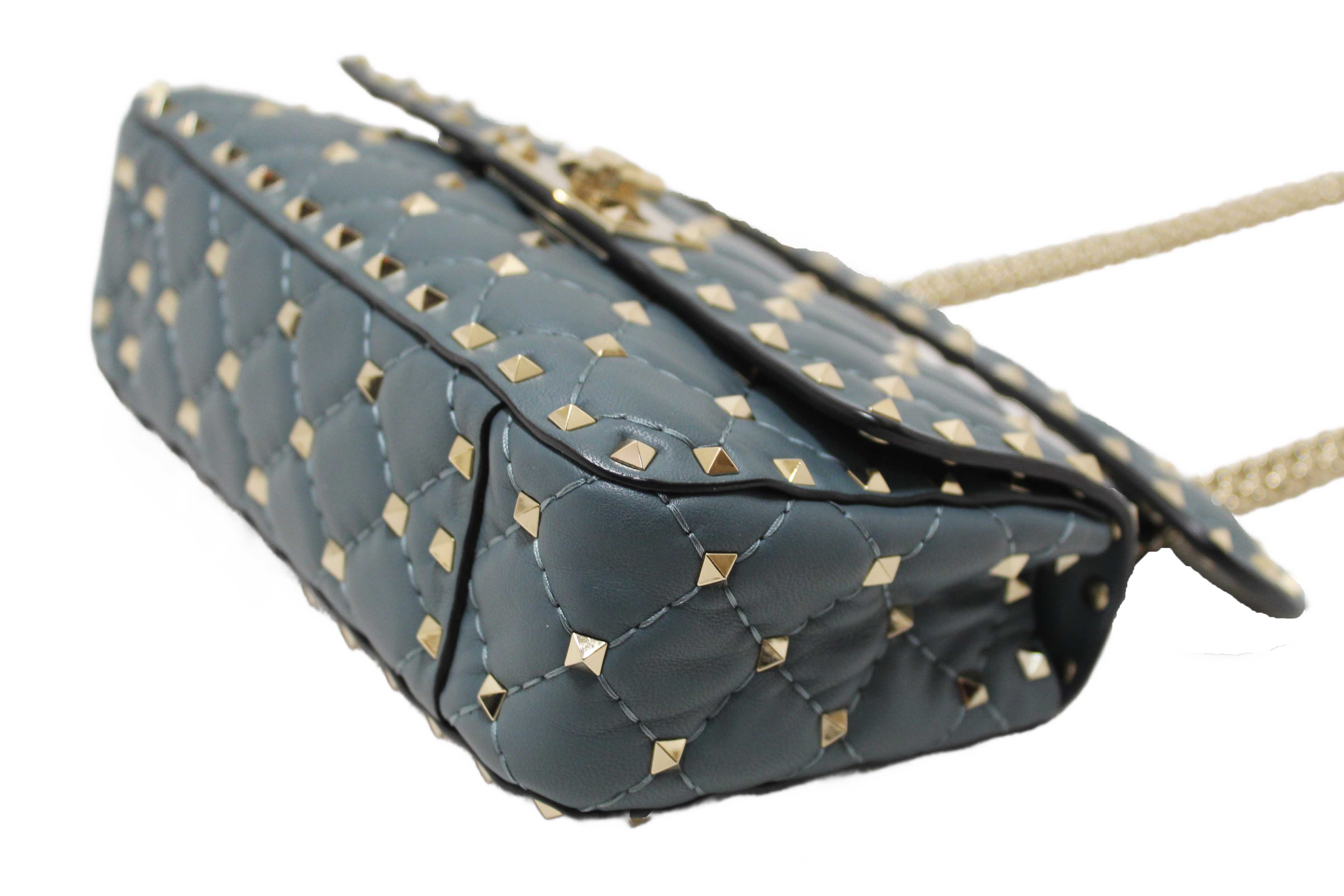 Authentic Valentino Garavani Blue Quilted Nappa Leather Rockstud Spike Small Shoulder Bag