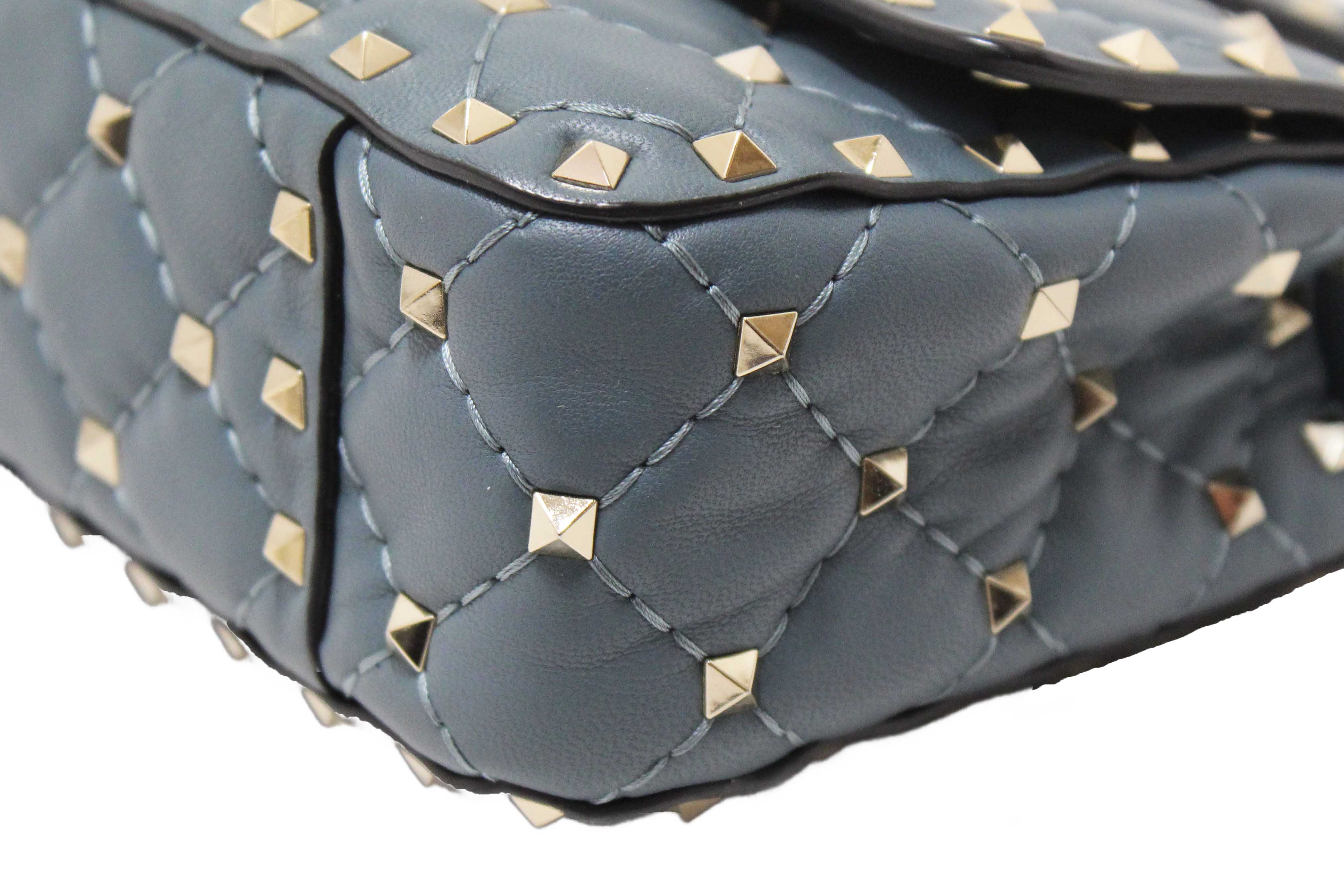 Authentic Valentino Garavani Blue Quilted Nappa Leather Rockstud Spike Small Shoulder Bag
