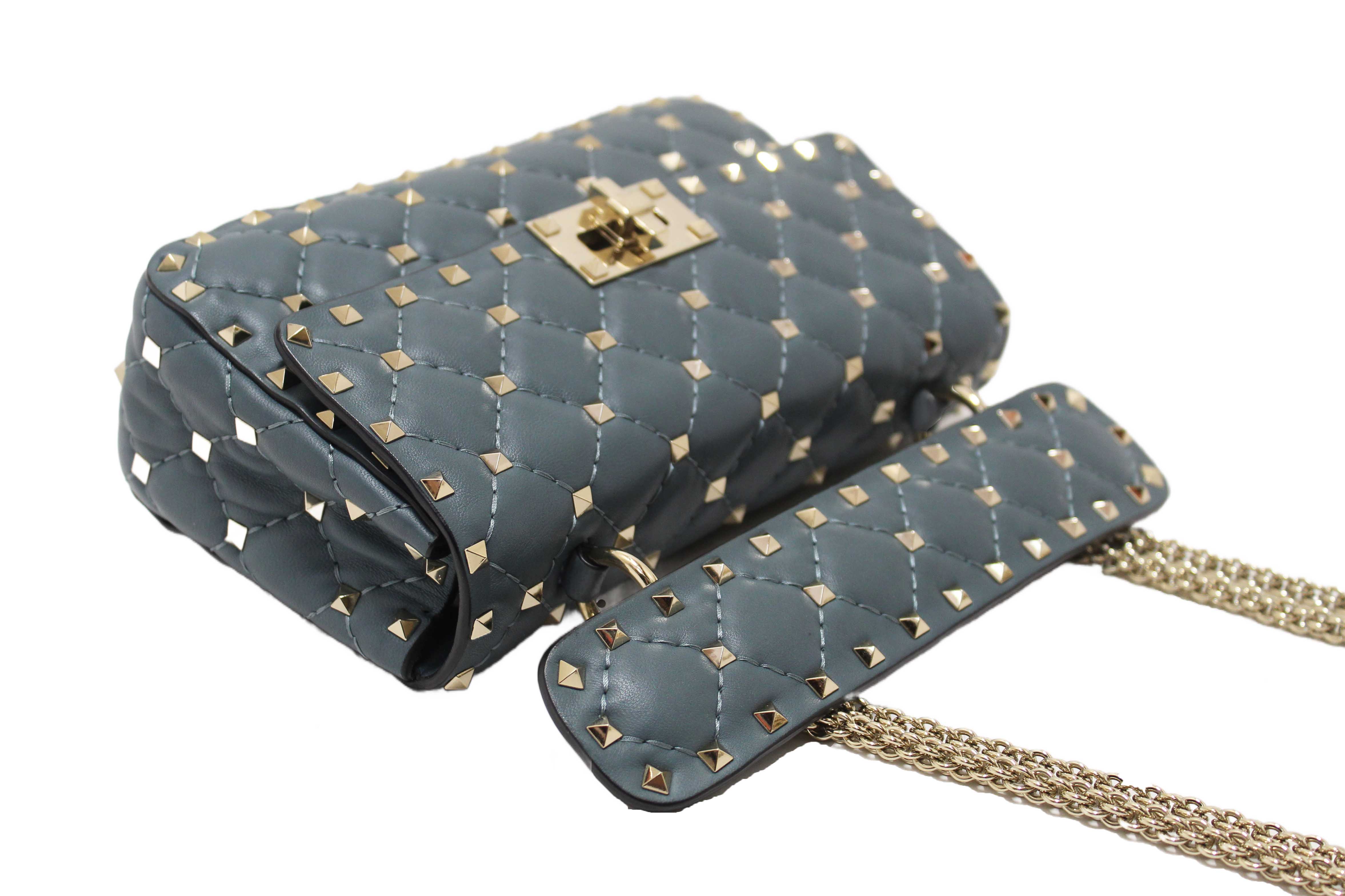 Authentic Valentino Garavani Blue Quilted Nappa Leather Rockstud Spike Small Shoulder Bag