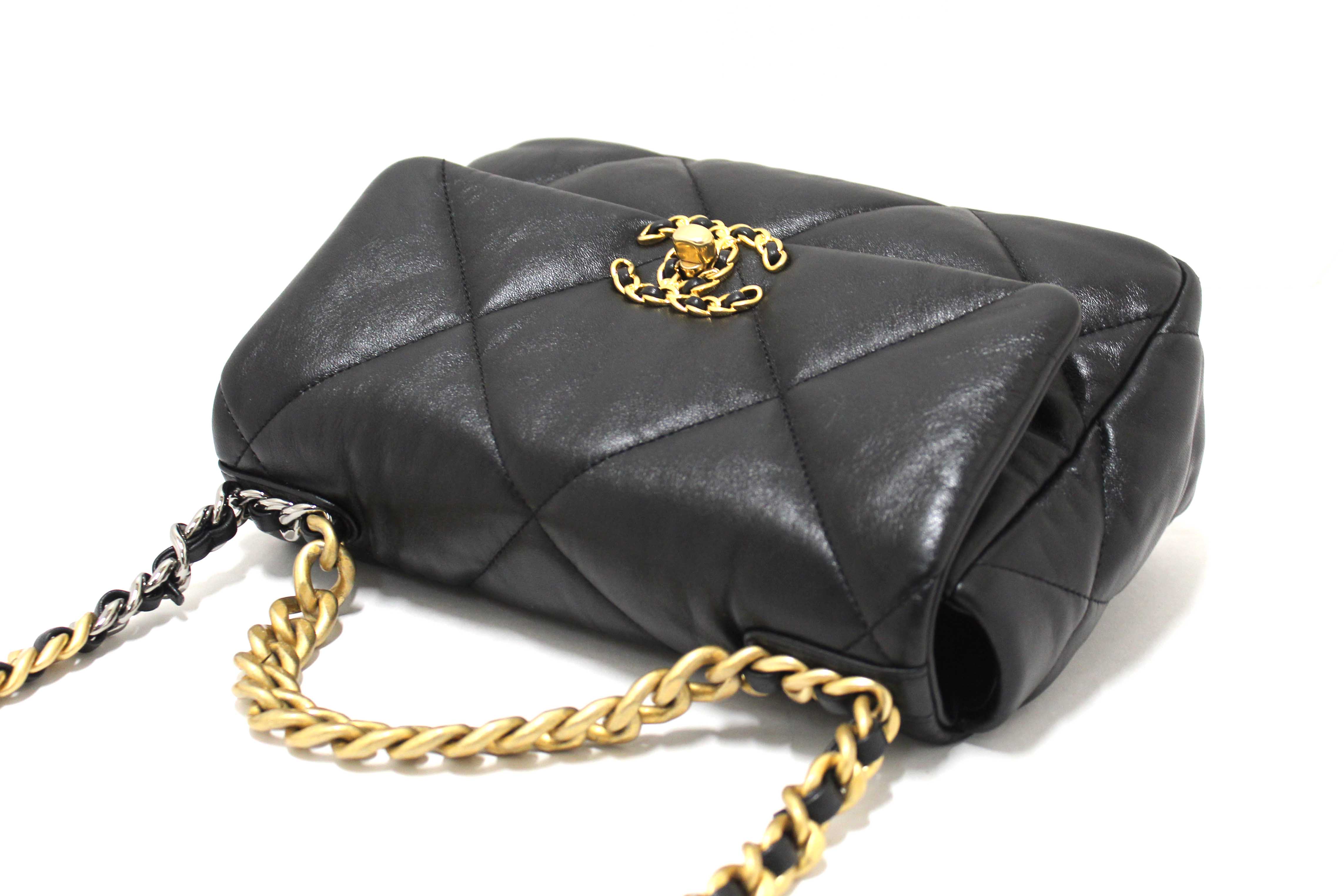 Authentic Chanel 19 Small Black Quilted Lambskin Leather Shoulder Crossbody Bag