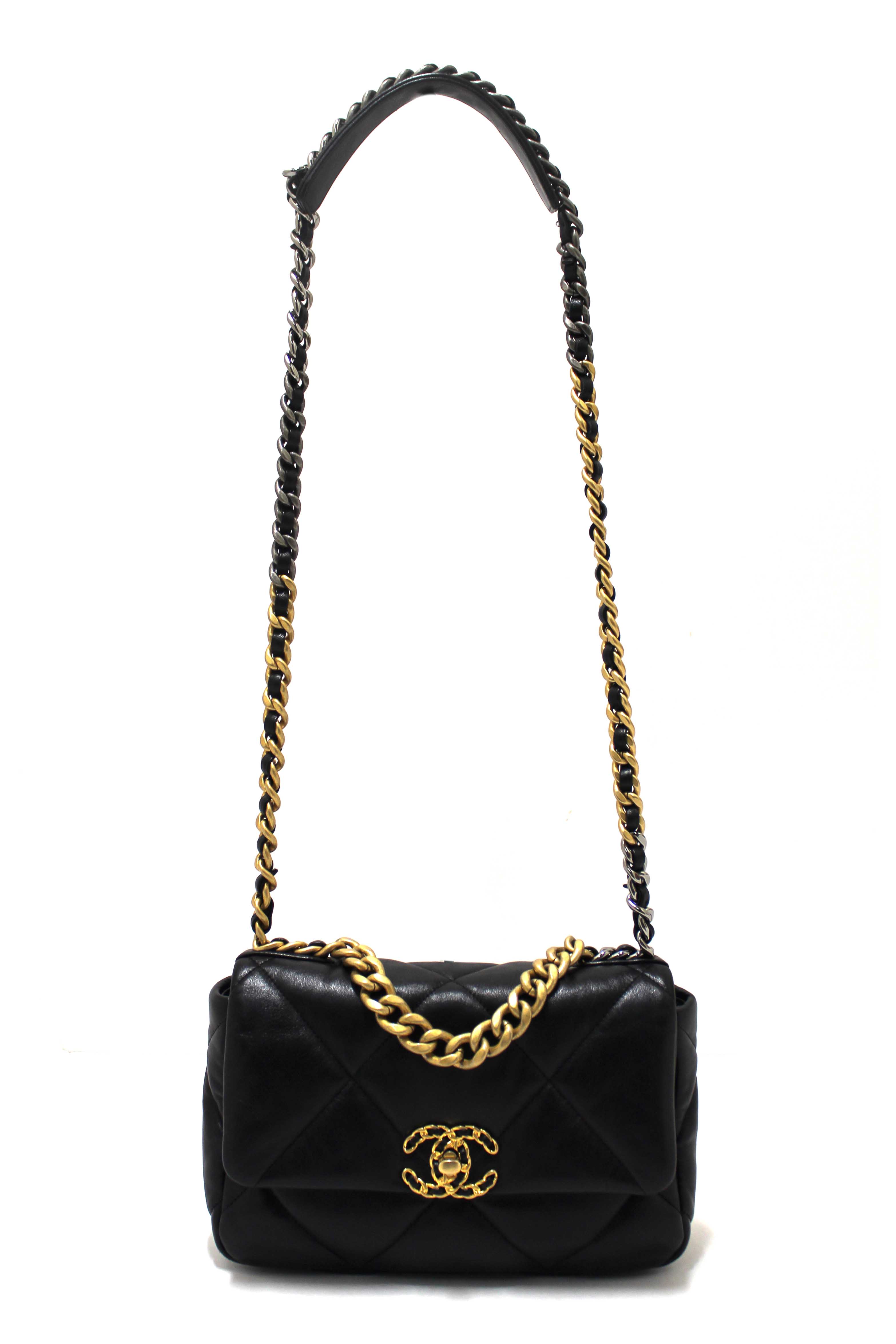Authentic Chanel 19 Small Black Quilted Lambskin Leather Shoulder Crossbody Bag