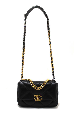 Authentic Chanel 19 Small Black Quilted Lambskin Leather Shoulder Crossbody Bag