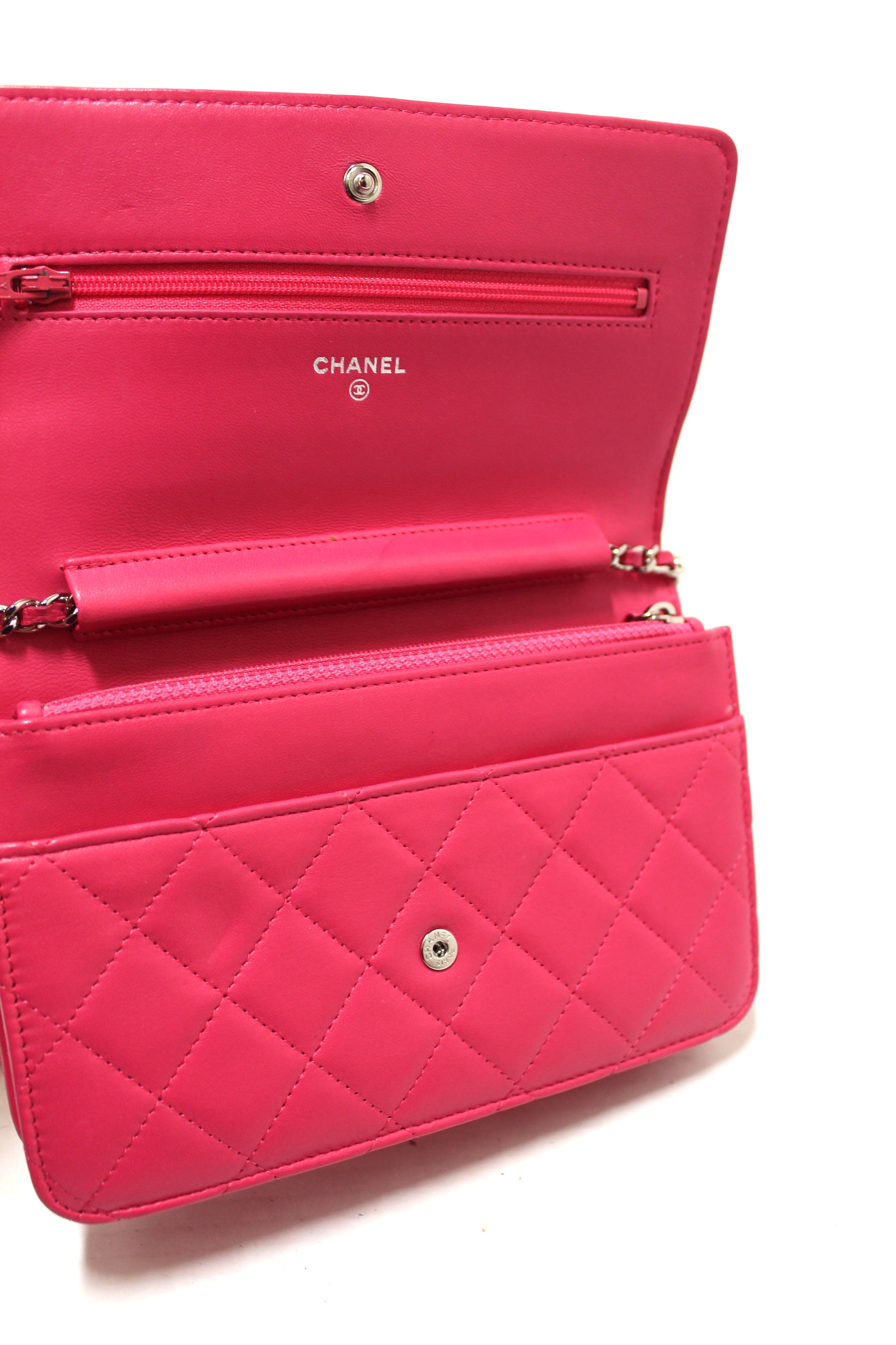 Authentic Chanel Fuchsia Pink Quilted Lambskin Leather Wallet On Chain WOC Messenger Bag