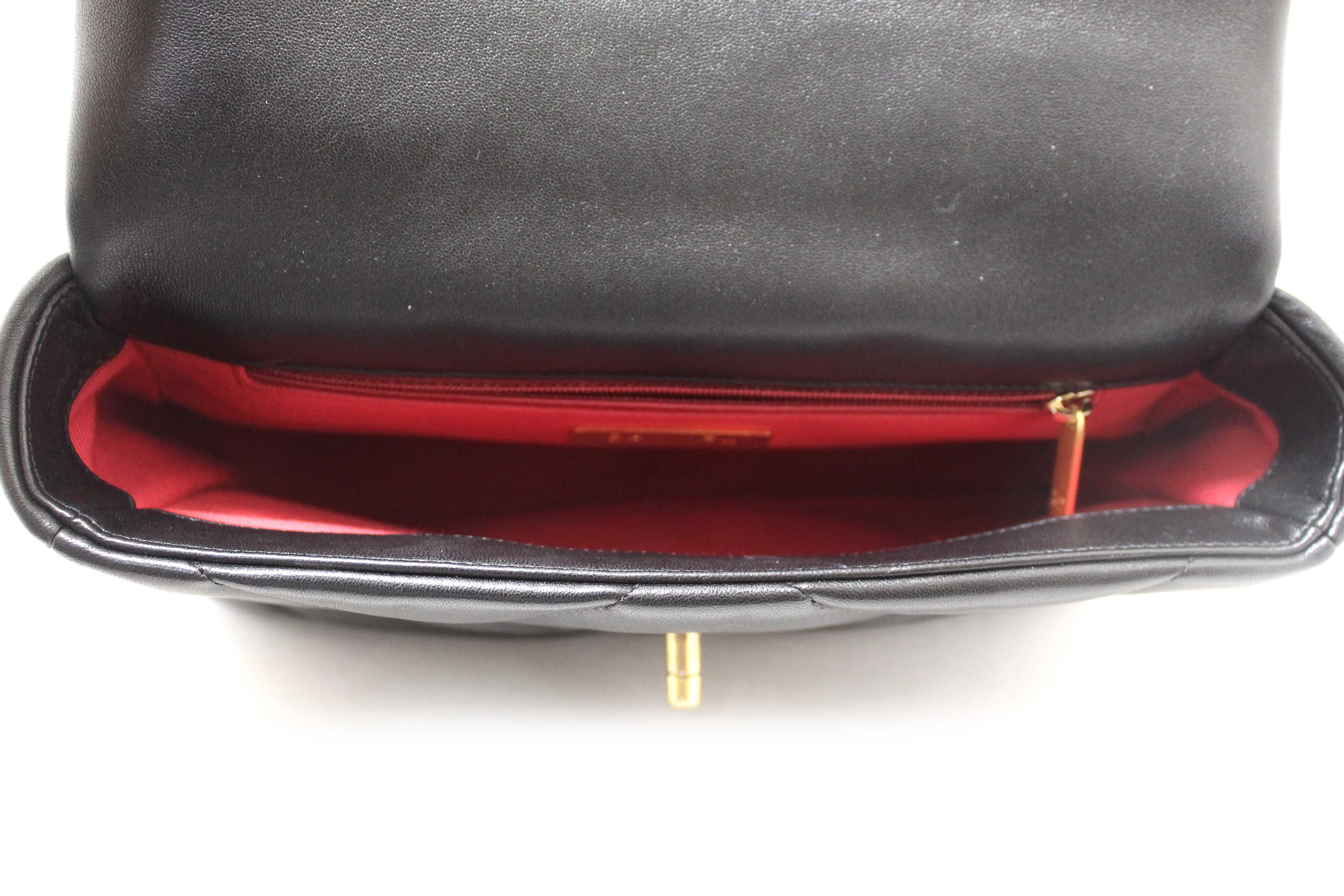 Authentic Chanel 19 Small Black Quilted Lambskin Leather Shoulder Crossbody Bag