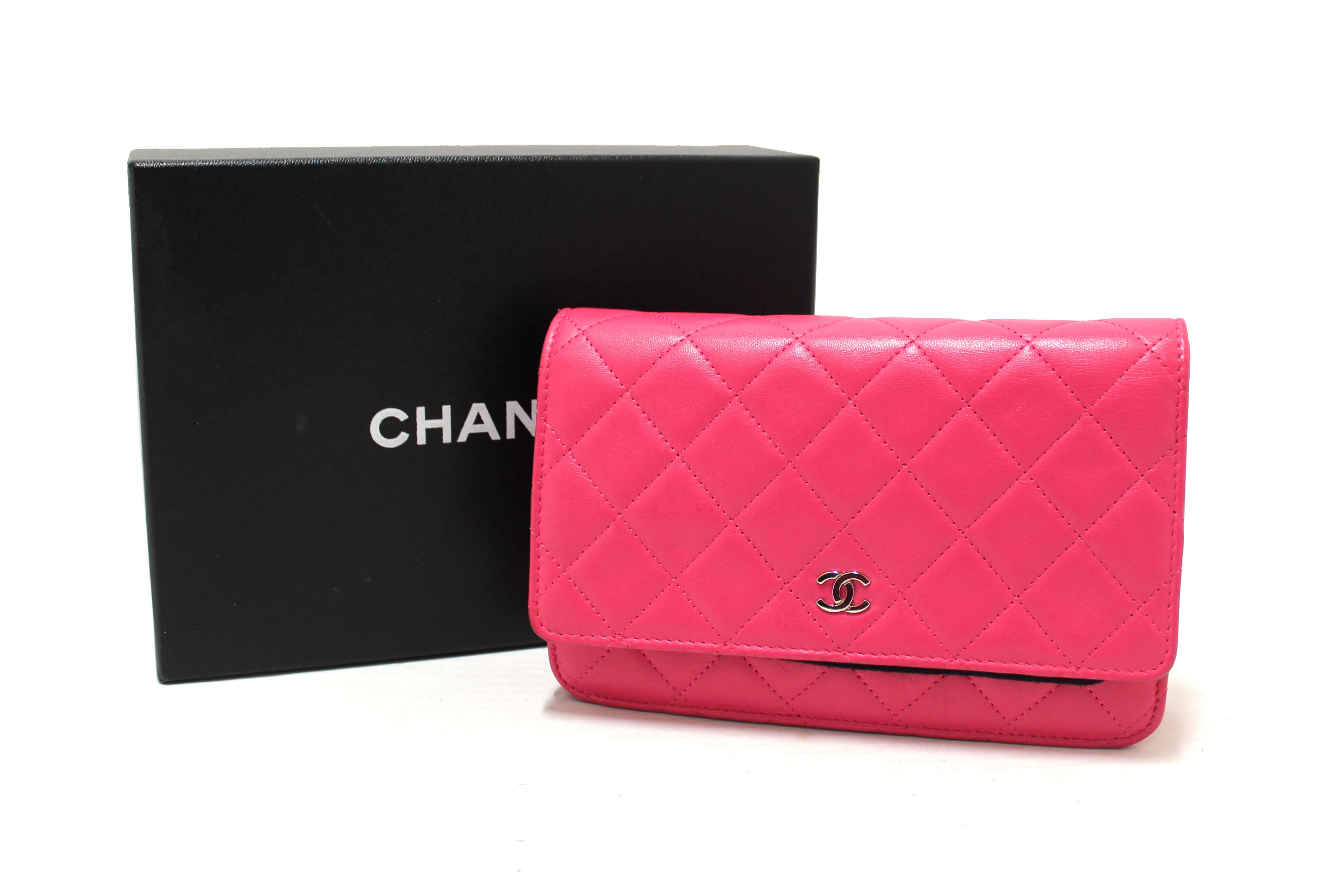 Authentic Chanel Fuchsia Pink Quilted Lambskin Leather Wallet On Chain WOC Messenger Bag