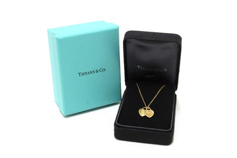Authentic Tiffany and Co. 18K Yellow Gold Mini Double Heart Tag Pendant Necklace