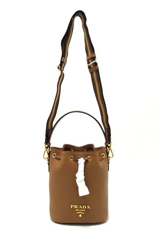 NEW Authentic Prada Brown Calf Leather Drawstring Bucket Messenger Bag