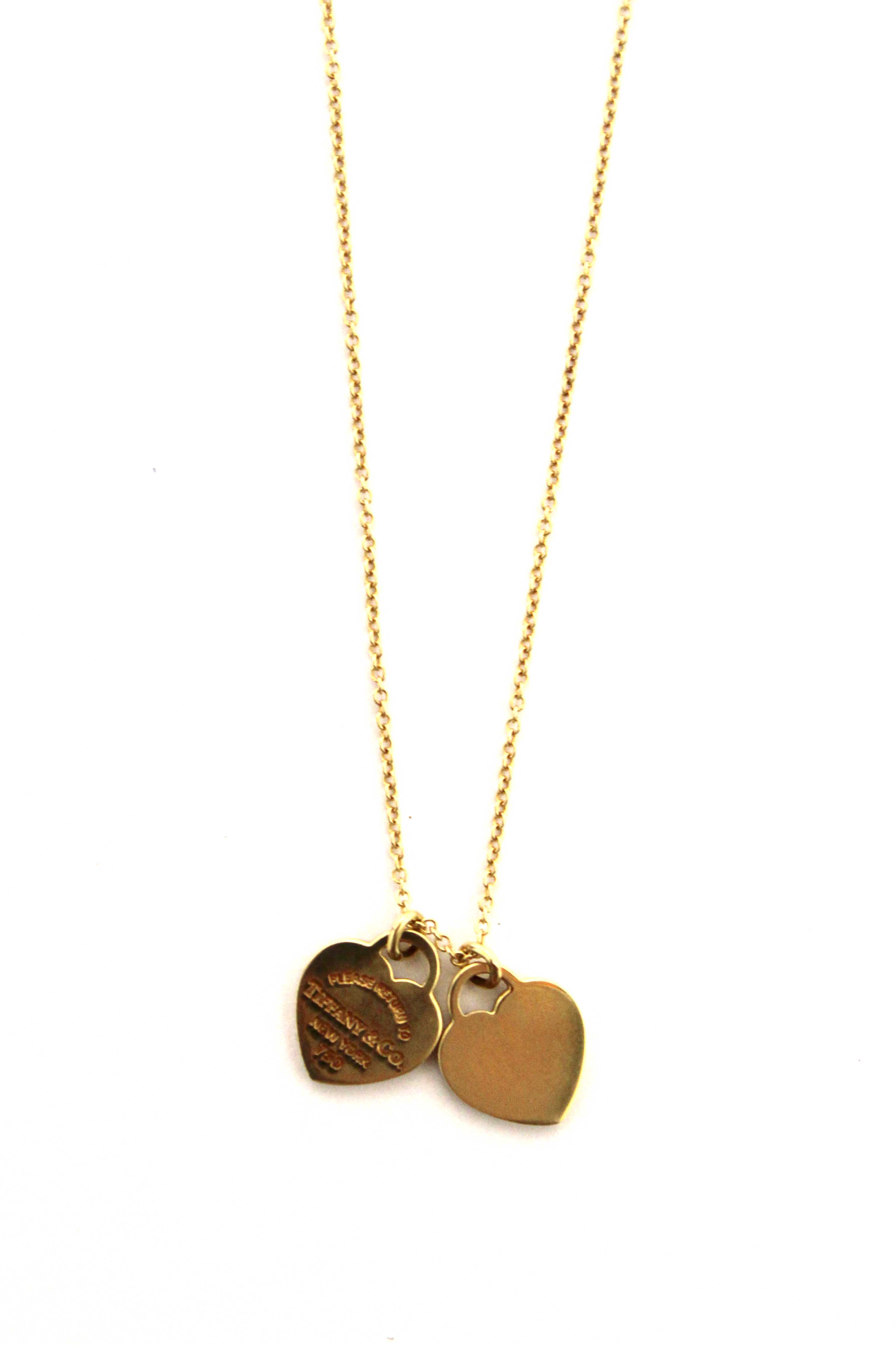 Authentic Tiffany and Co. 18K Yellow Gold Mini Double Heart Tag Pendant Necklace