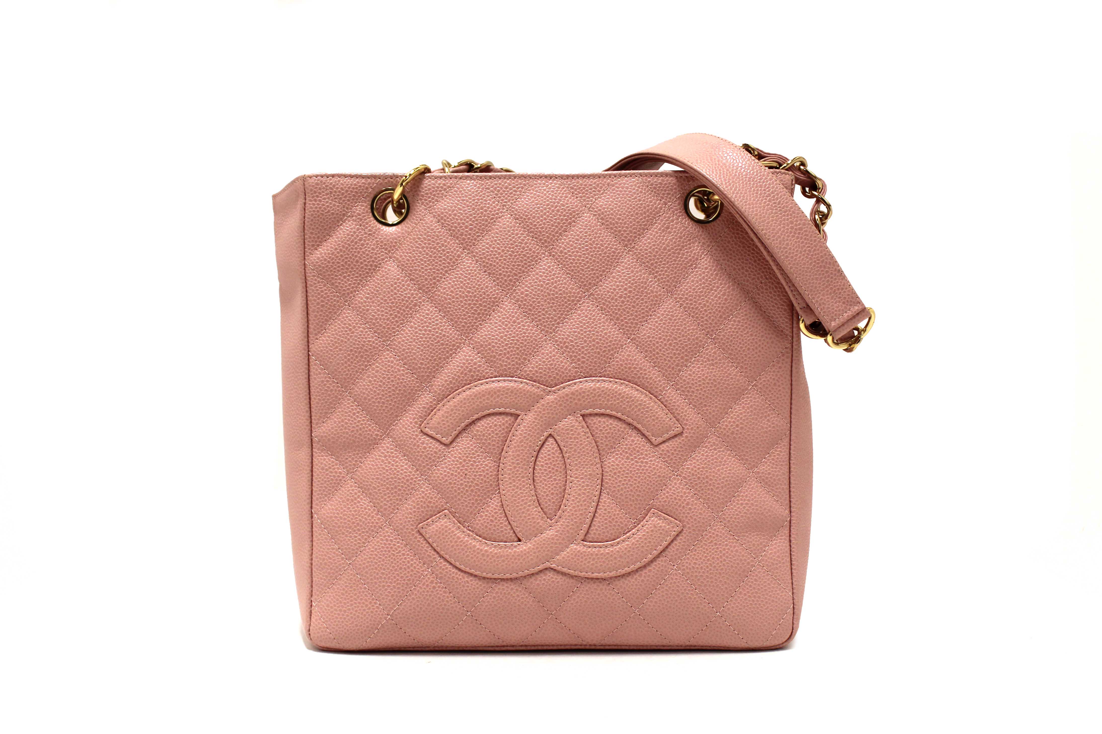 Authentic Chanel Pink Quilted Caviar Leather Petite Shopping Tote