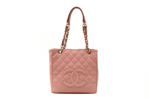 Authentic Chanel Pink Quilted Caviar Leather Petite Shopping Tote