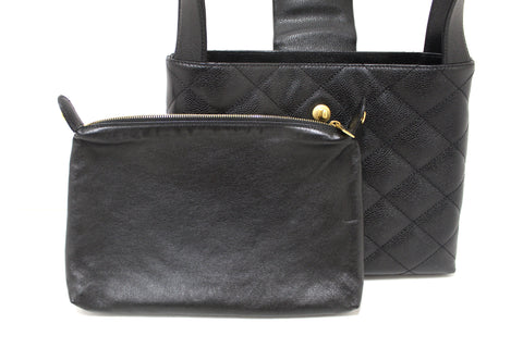 Authentic Chanel Black Quilted Caviar Leather CC Shoulder Tote Bag