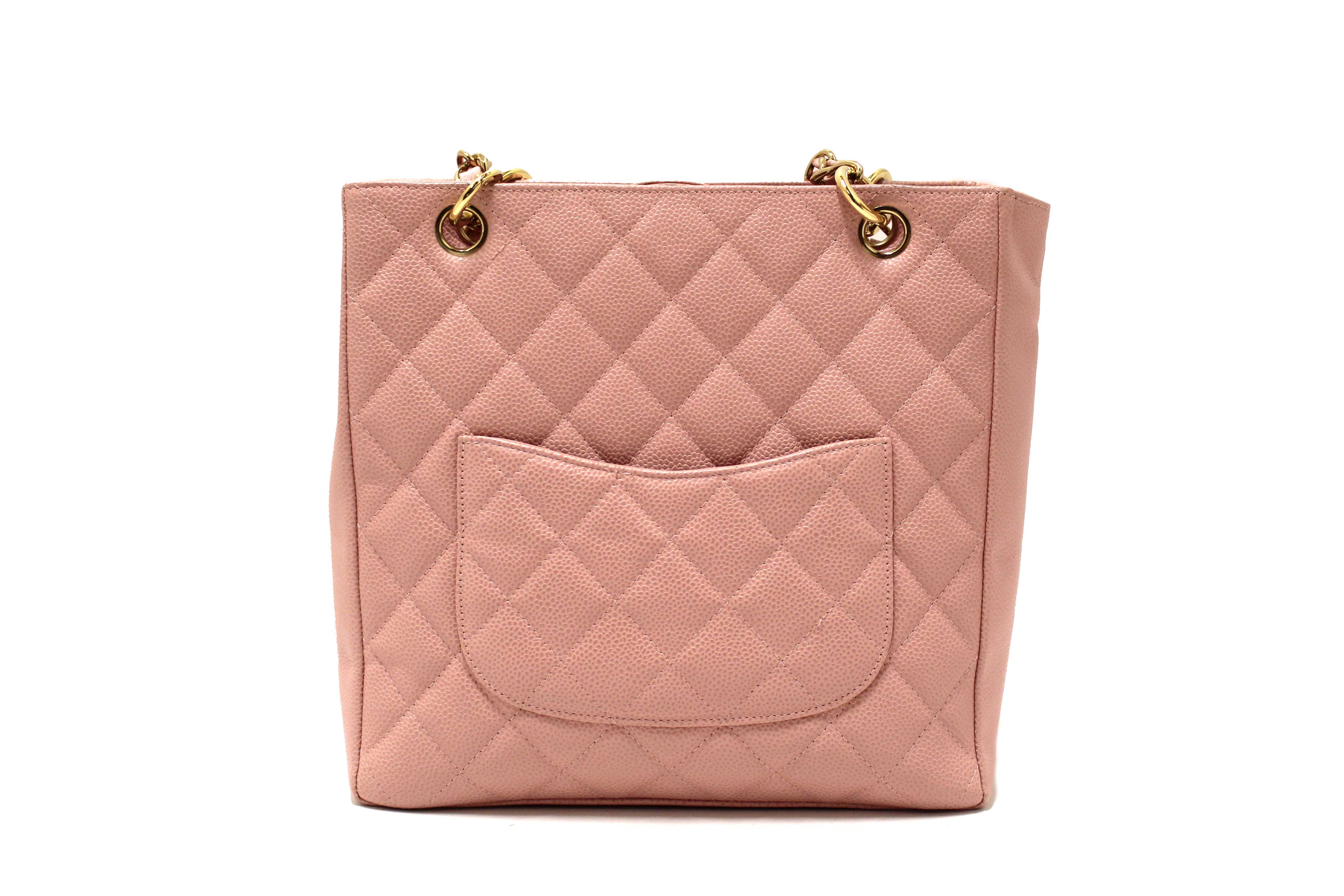 Authentic Chanel Pink Quilted Caviar Leather Petite Shopping Tote