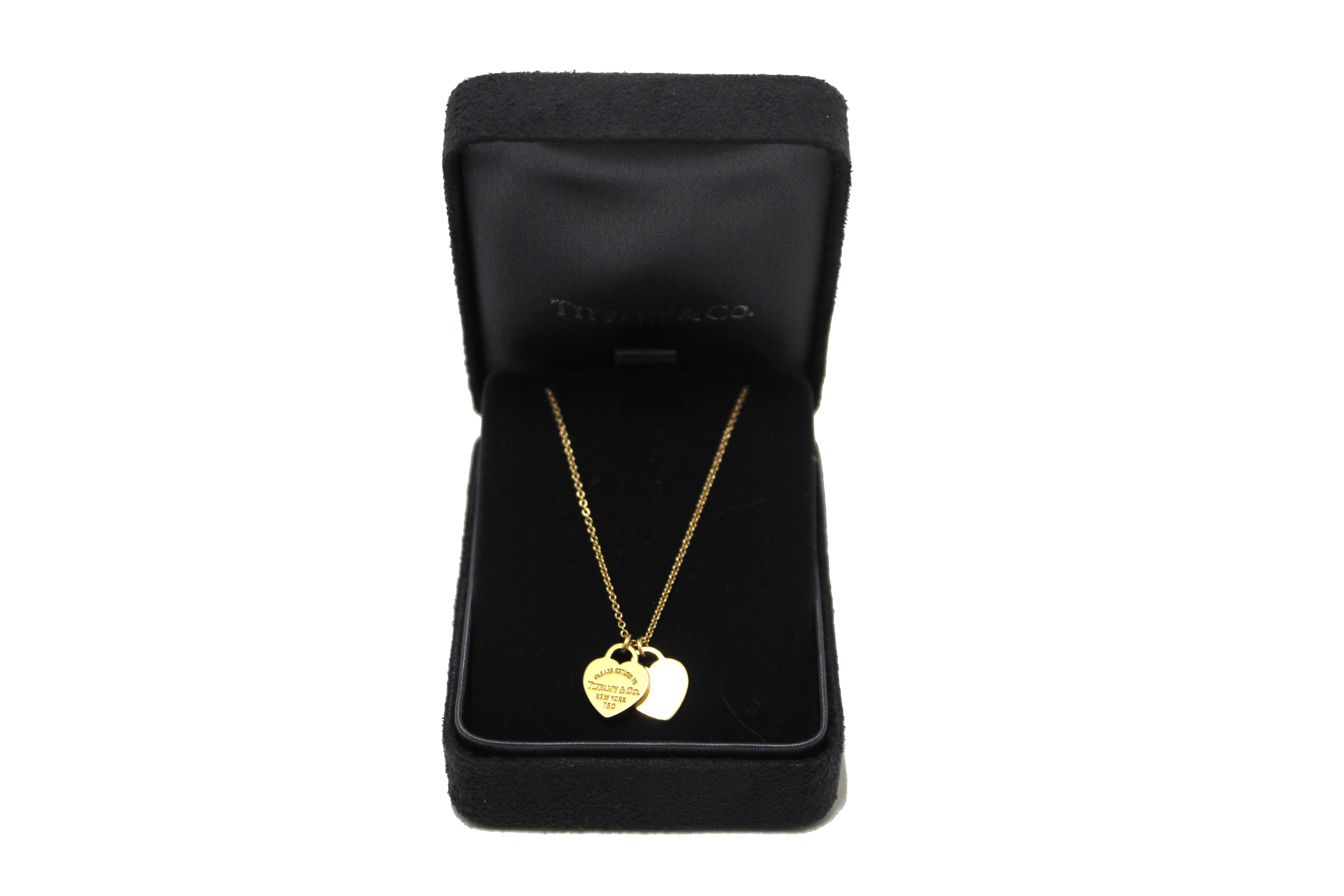 Authentic Tiffany and Co. 18K Yellow Gold Mini Double Heart Tag Pendant Necklace