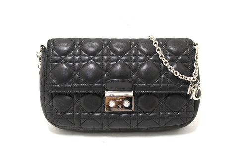 Authentic Christian Dior Black Lambskin Cannage Miss Dior Promenade Pouch Bag