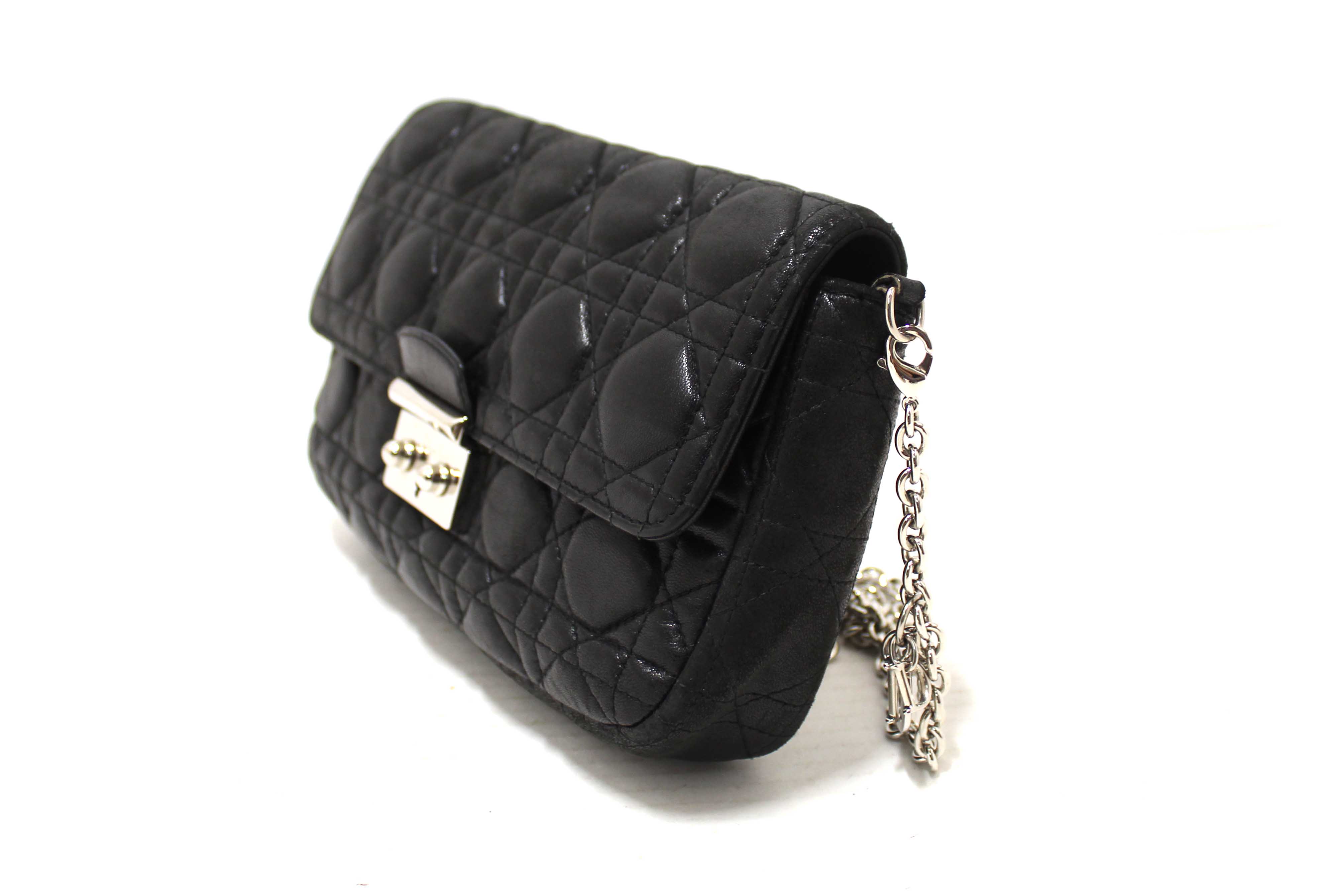 Authentic Christian Dior Black Lambskin Cannage Miss Dior Promenade Pouch Bag