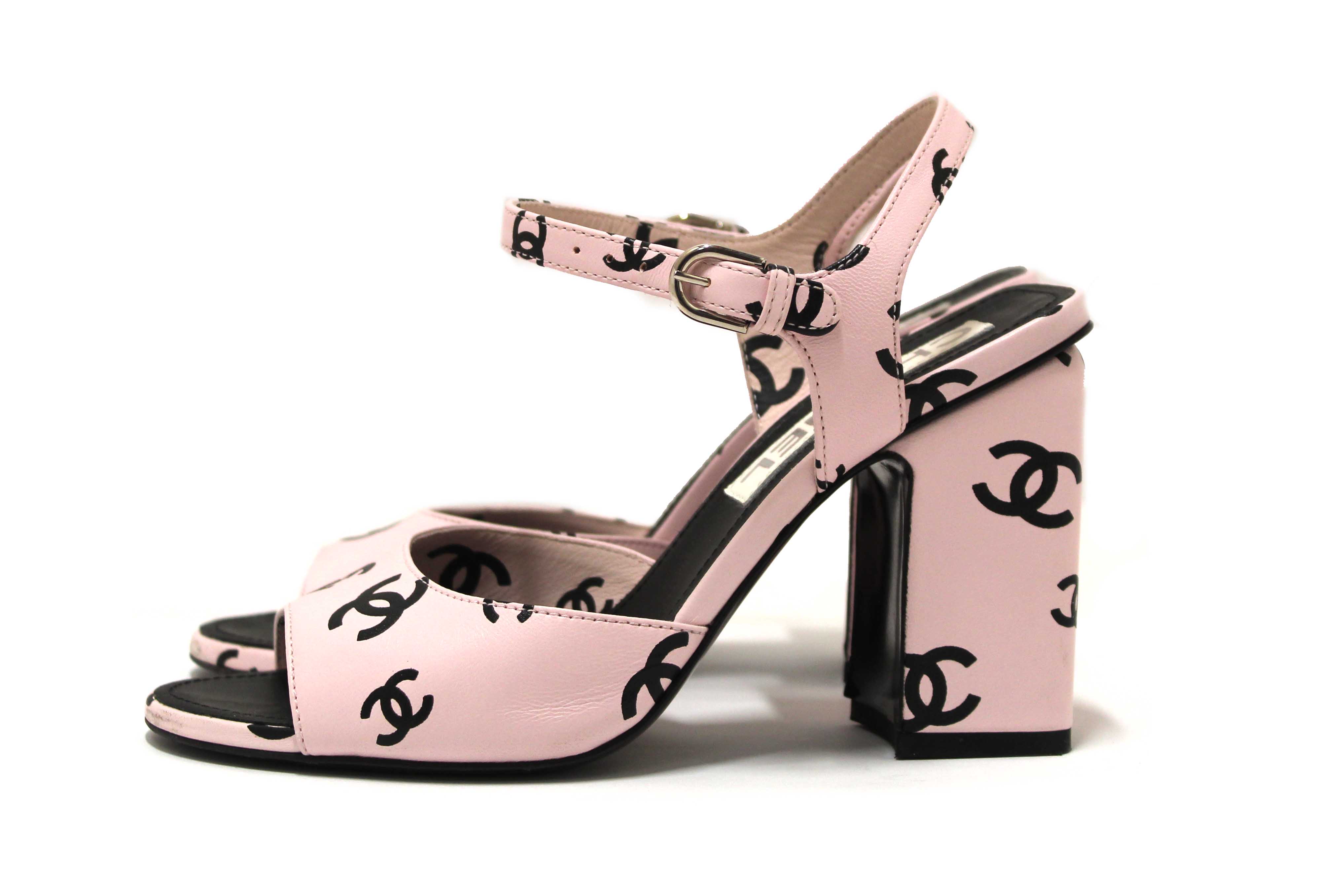 Authentic Chanel Pink Printed CC Logo Lambskin Leather Sandals