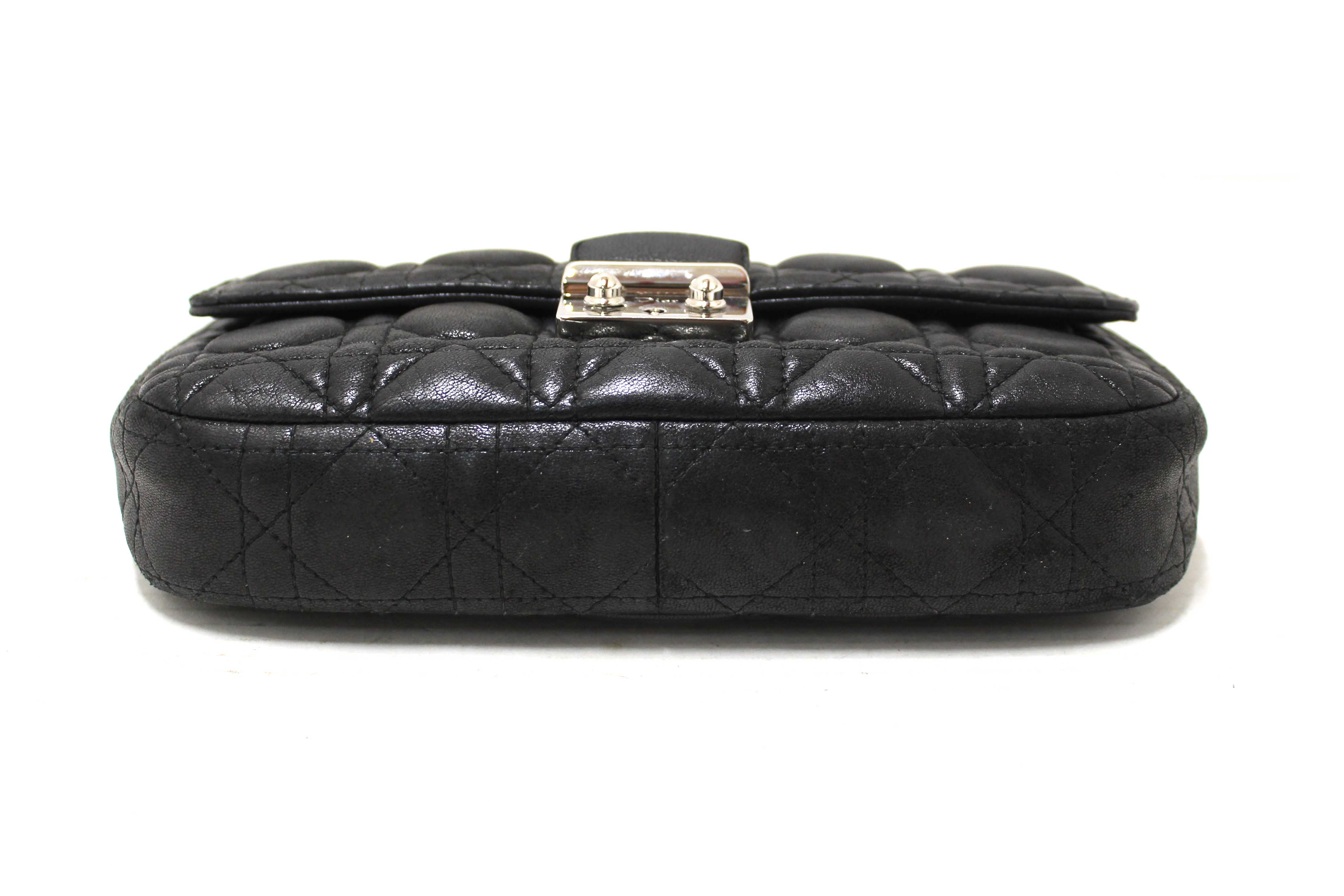 Authentic Christian Dior Black Lambskin Cannage Miss Dior Promenade Pouch Bag