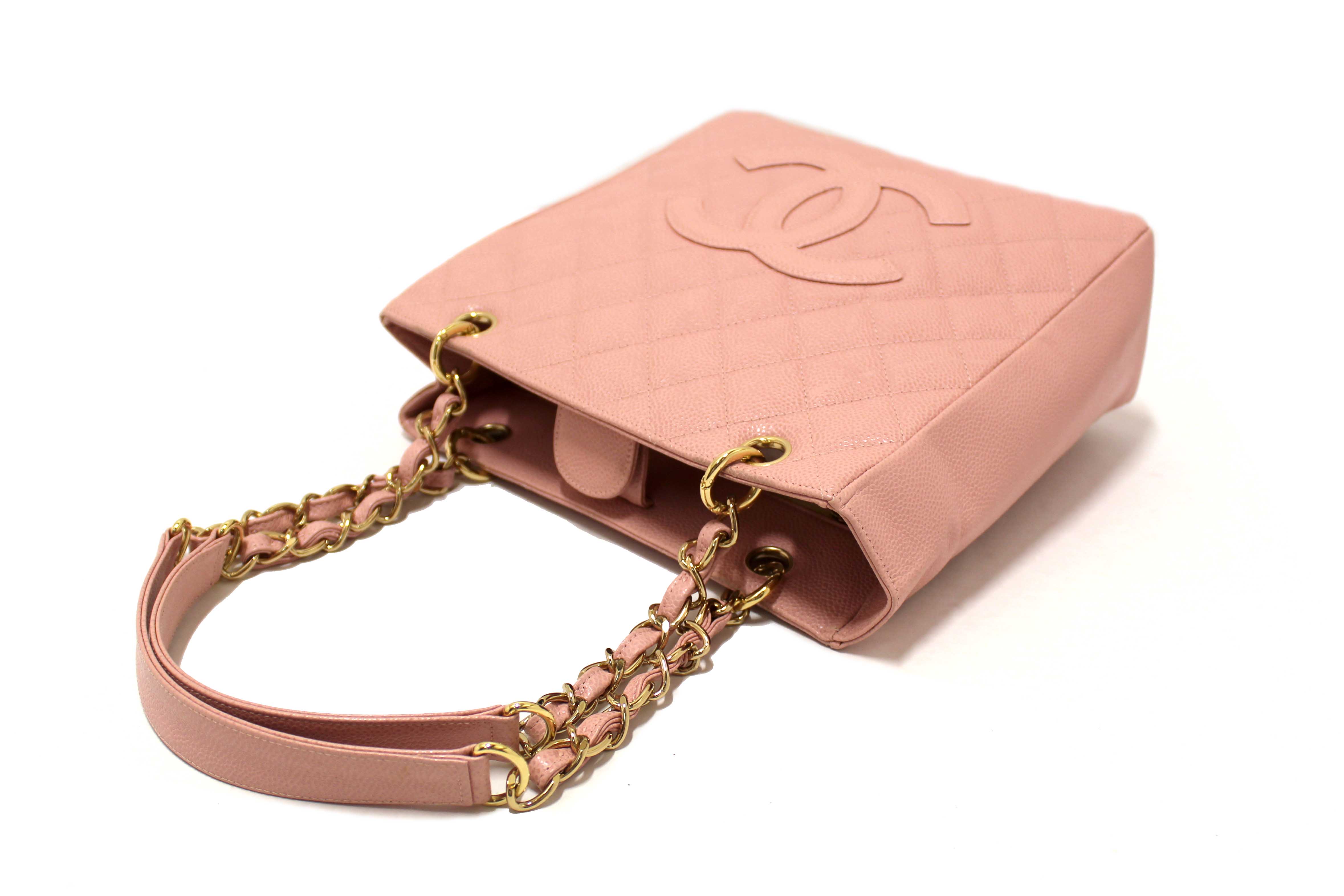 Authentic Chanel Pink Quilted Caviar Leather Petite Shopping Tote