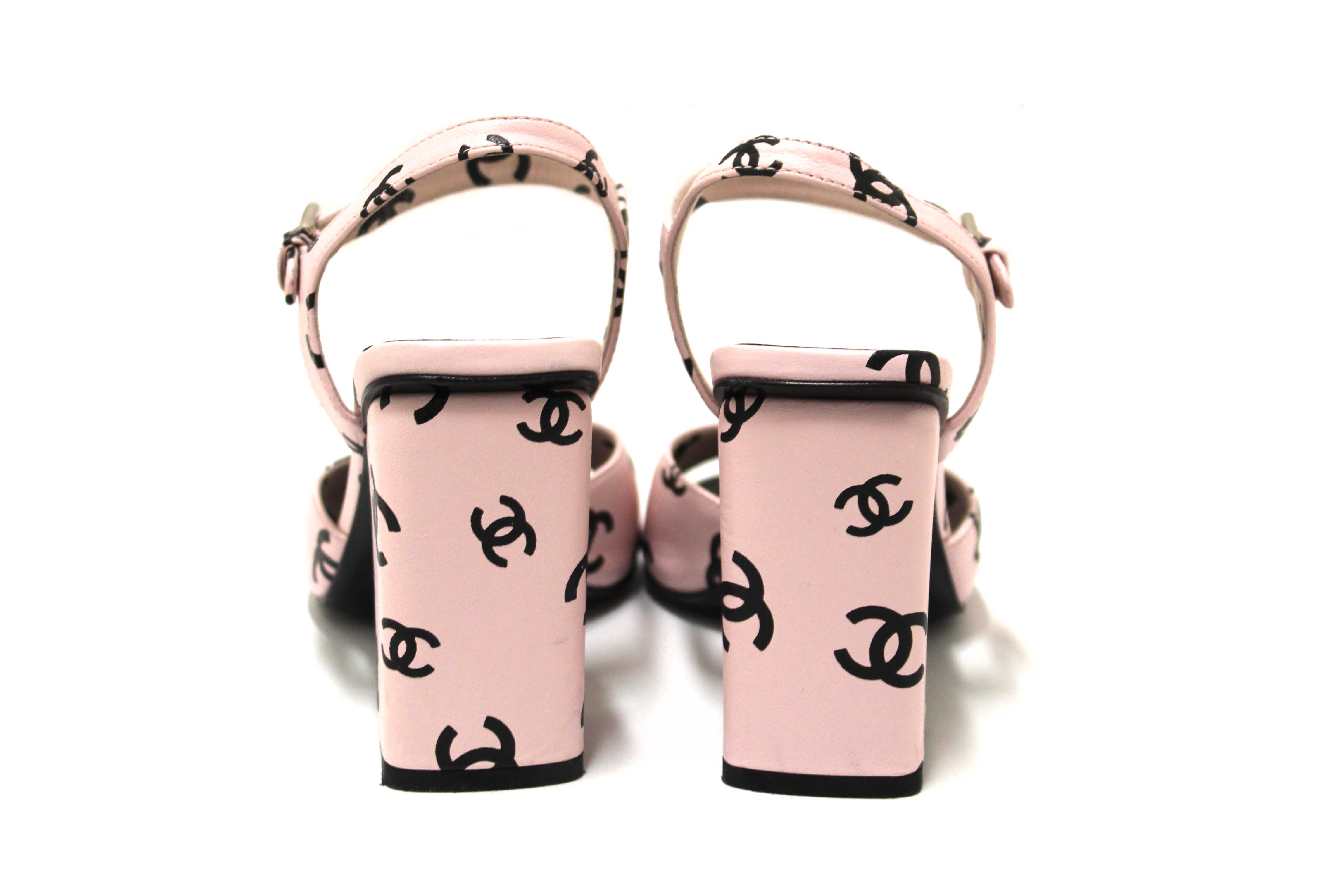 Authentic Chanel Pink Printed CC Logo Lambskin Leather Sandals Shoes 36C
