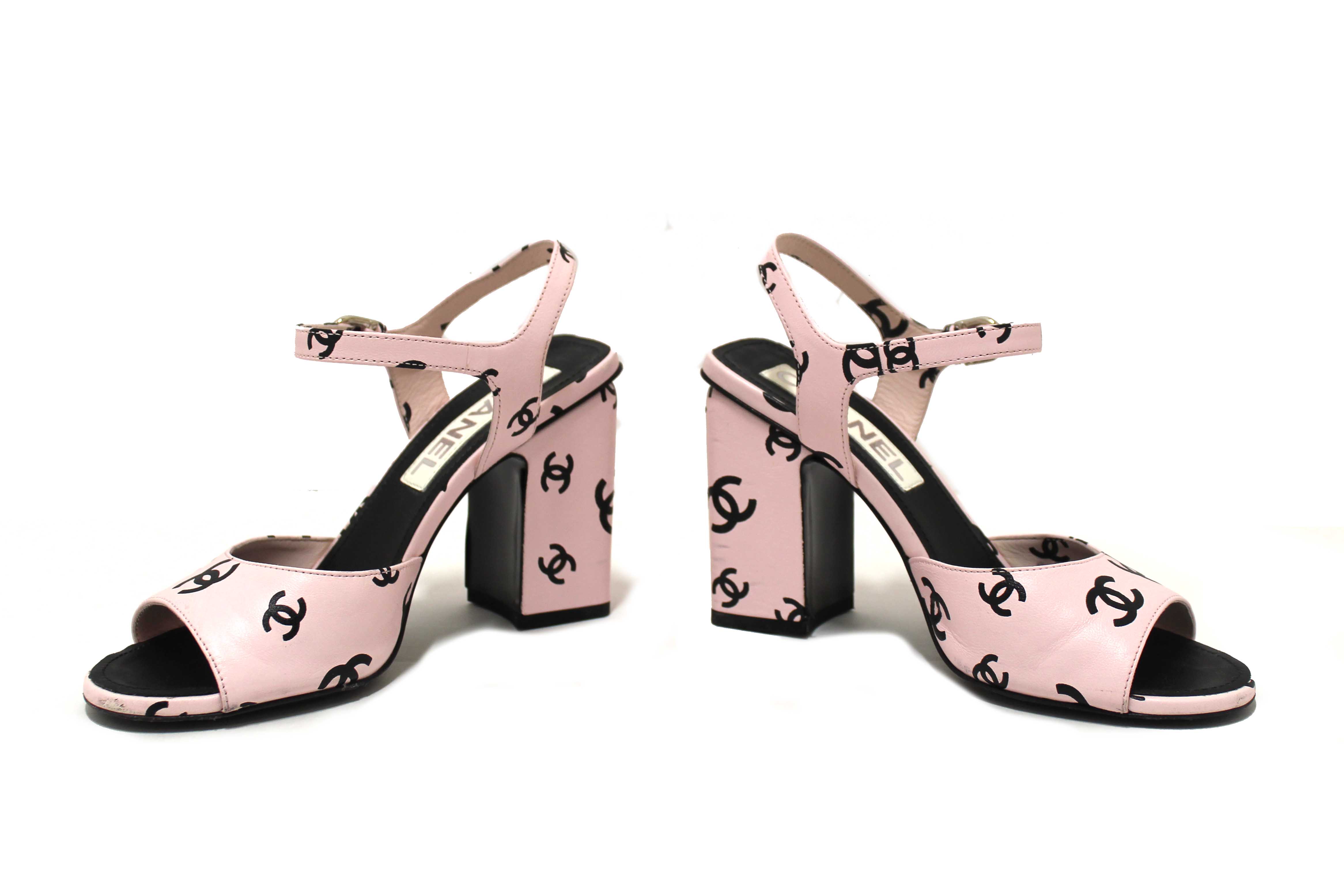 Authentic Chanel Pink Printed CC Logo Lambskin Leather Sandals Shoes 36C