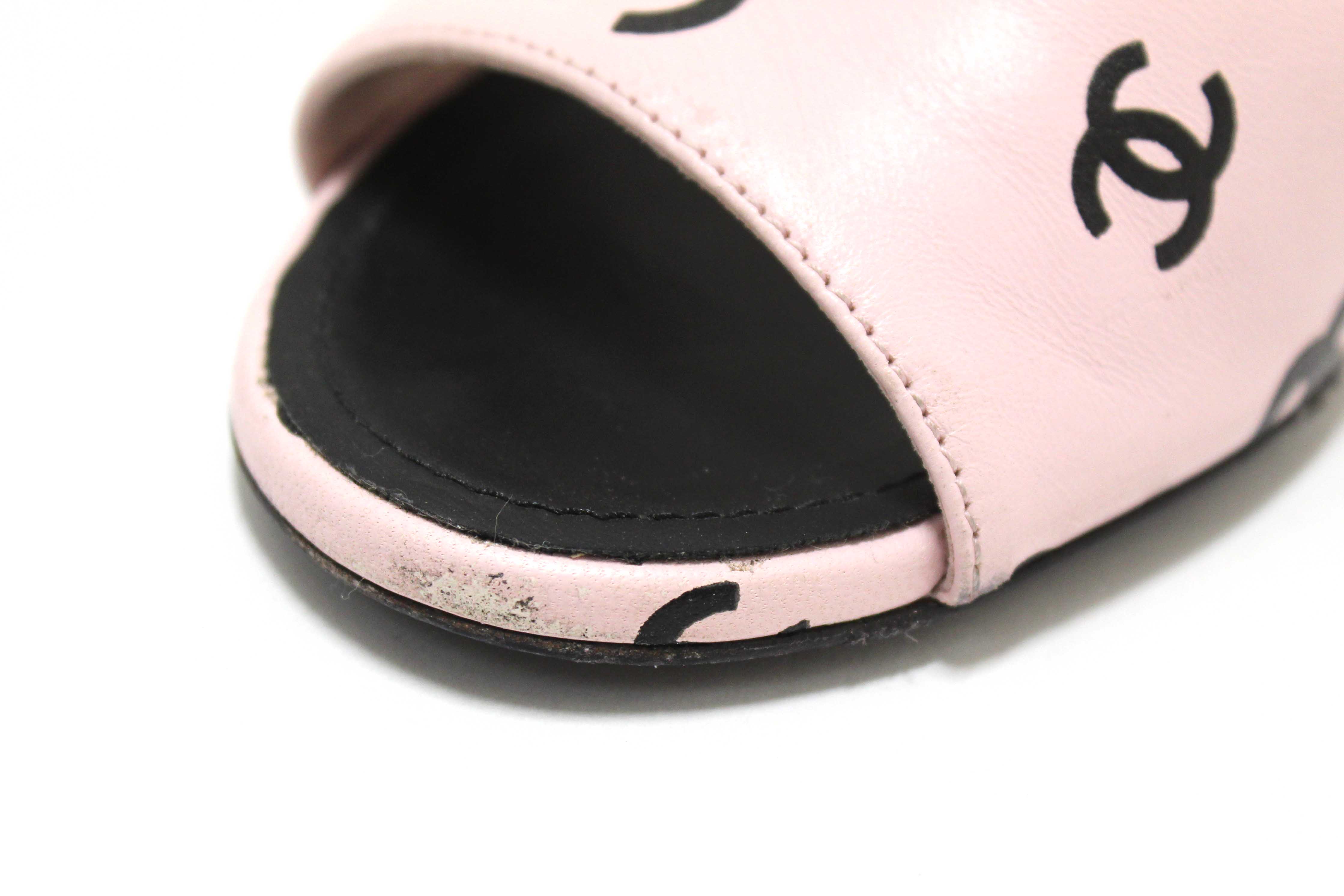 Authentic Chanel Pink Printed CC Logo Lambskin Leather Sandals