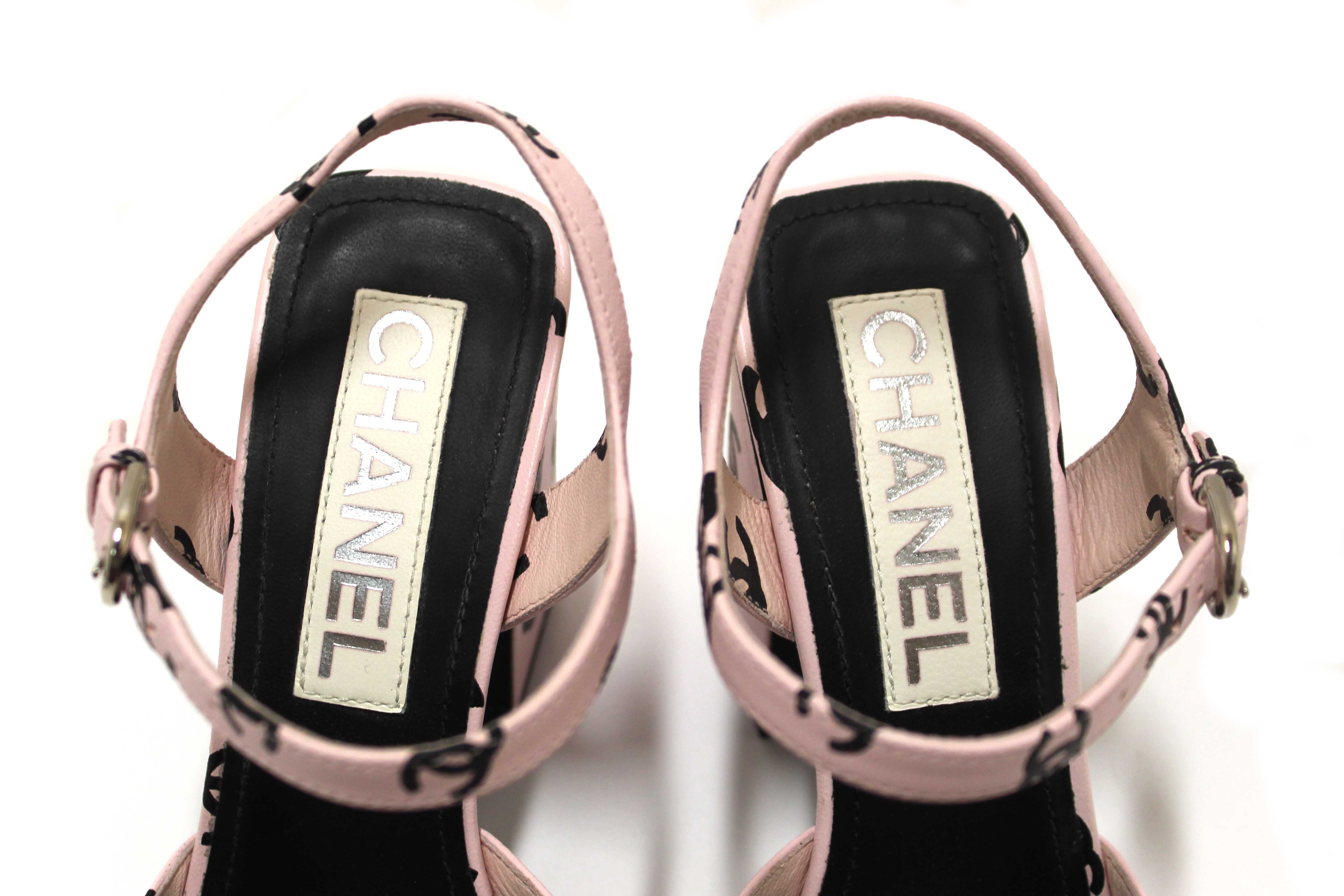 Authentic Chanel Pink Printed CC Logo Lambskin Leather Sandals Shoes 36C