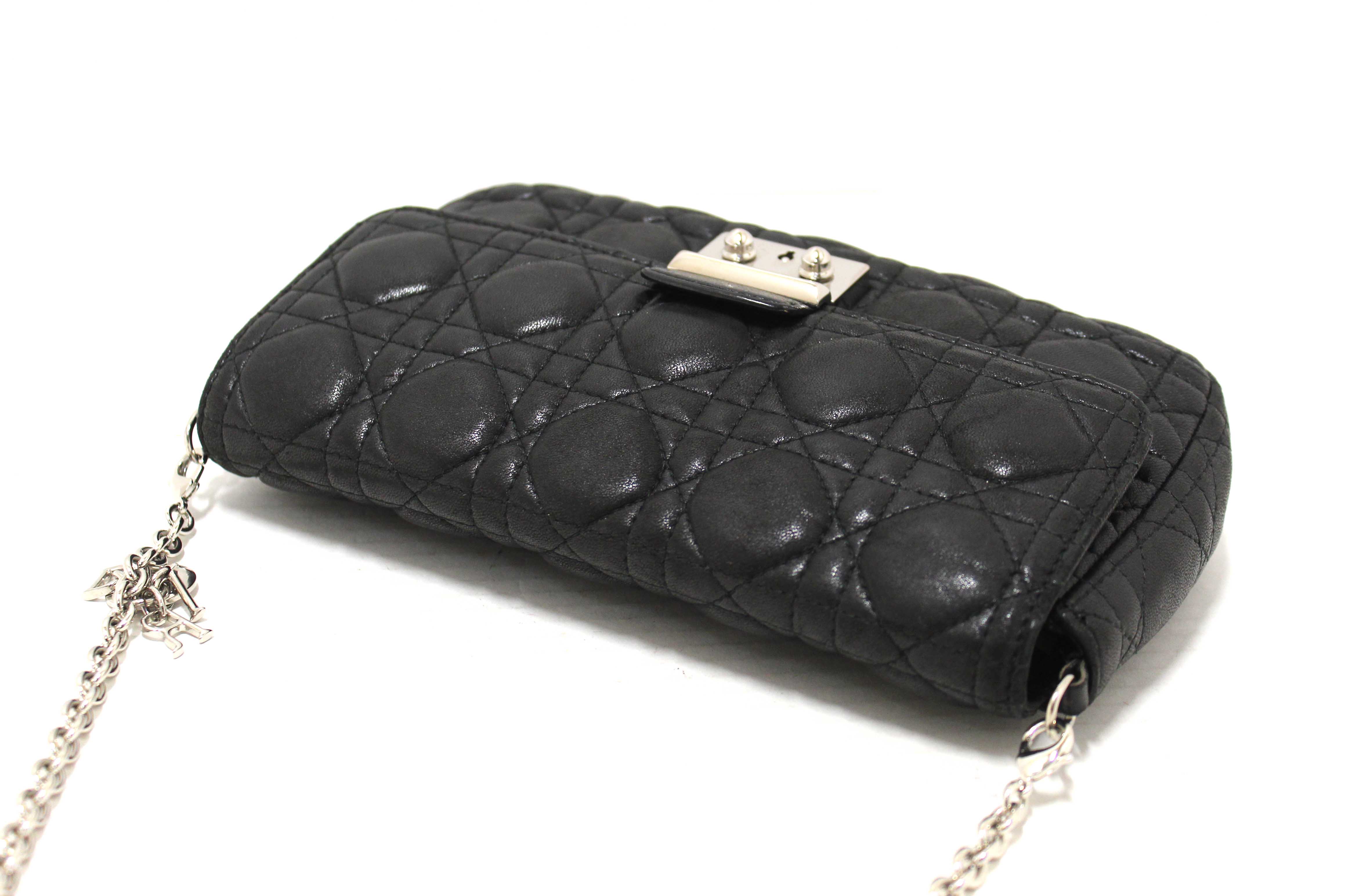 Authentic Christian Dior Black Lambskin Cannage Miss Dior Promenade Pouch Bag