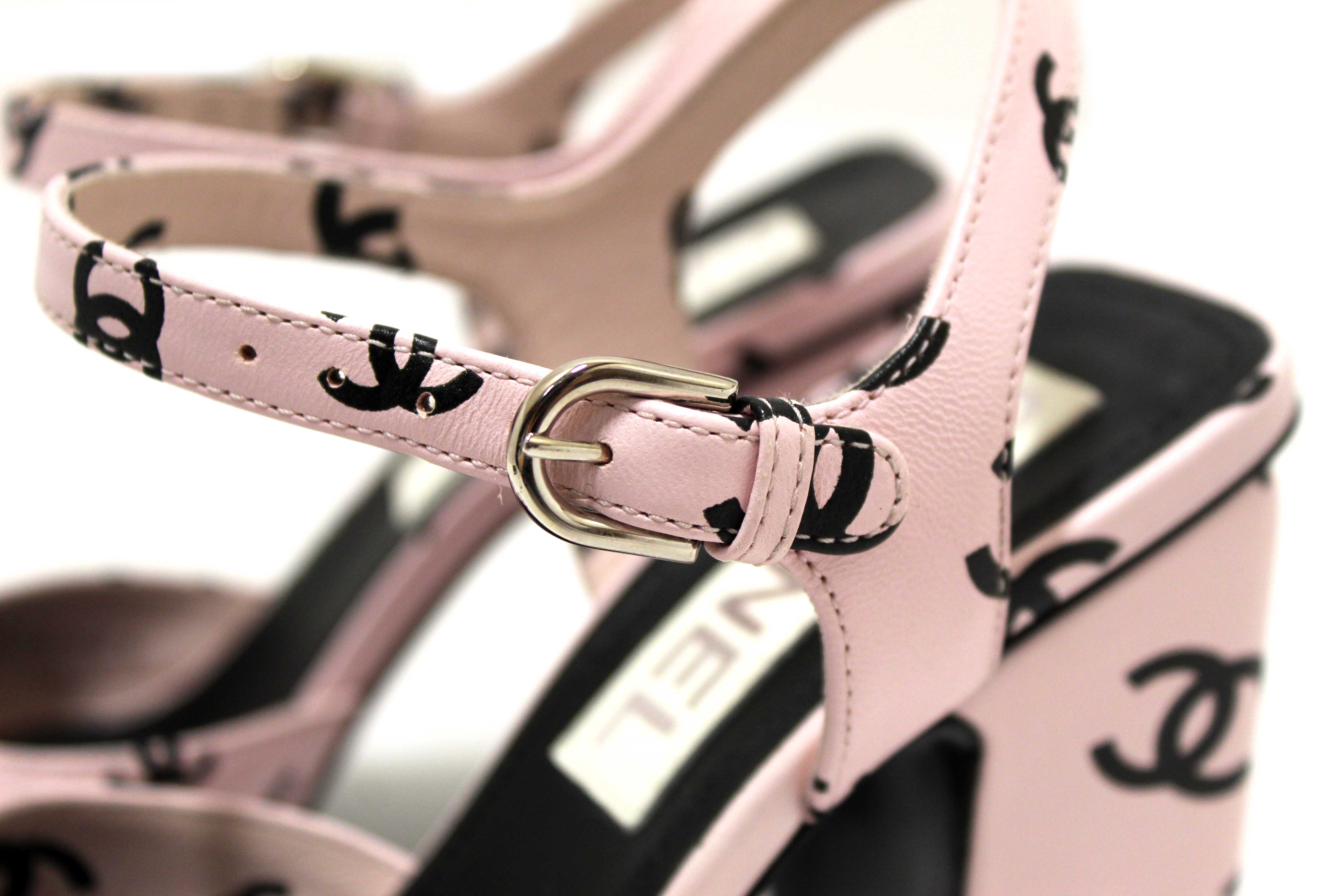 Authentic Chanel Pink Printed CC Logo Lambskin Leather Sandals Shoes 36C