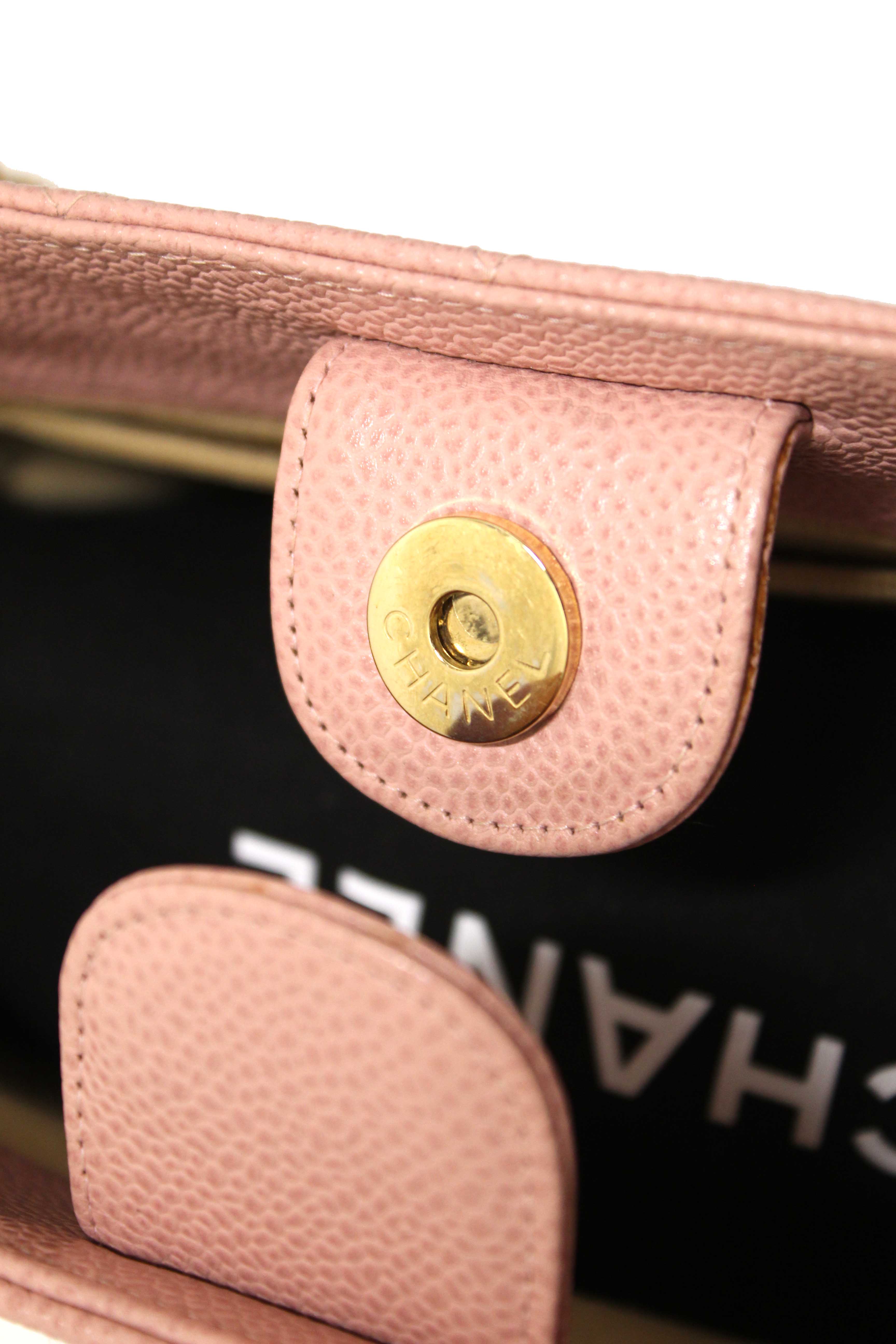 Authentic Chanel Pink Quilted Caviar Leather Petite Shopping Tote