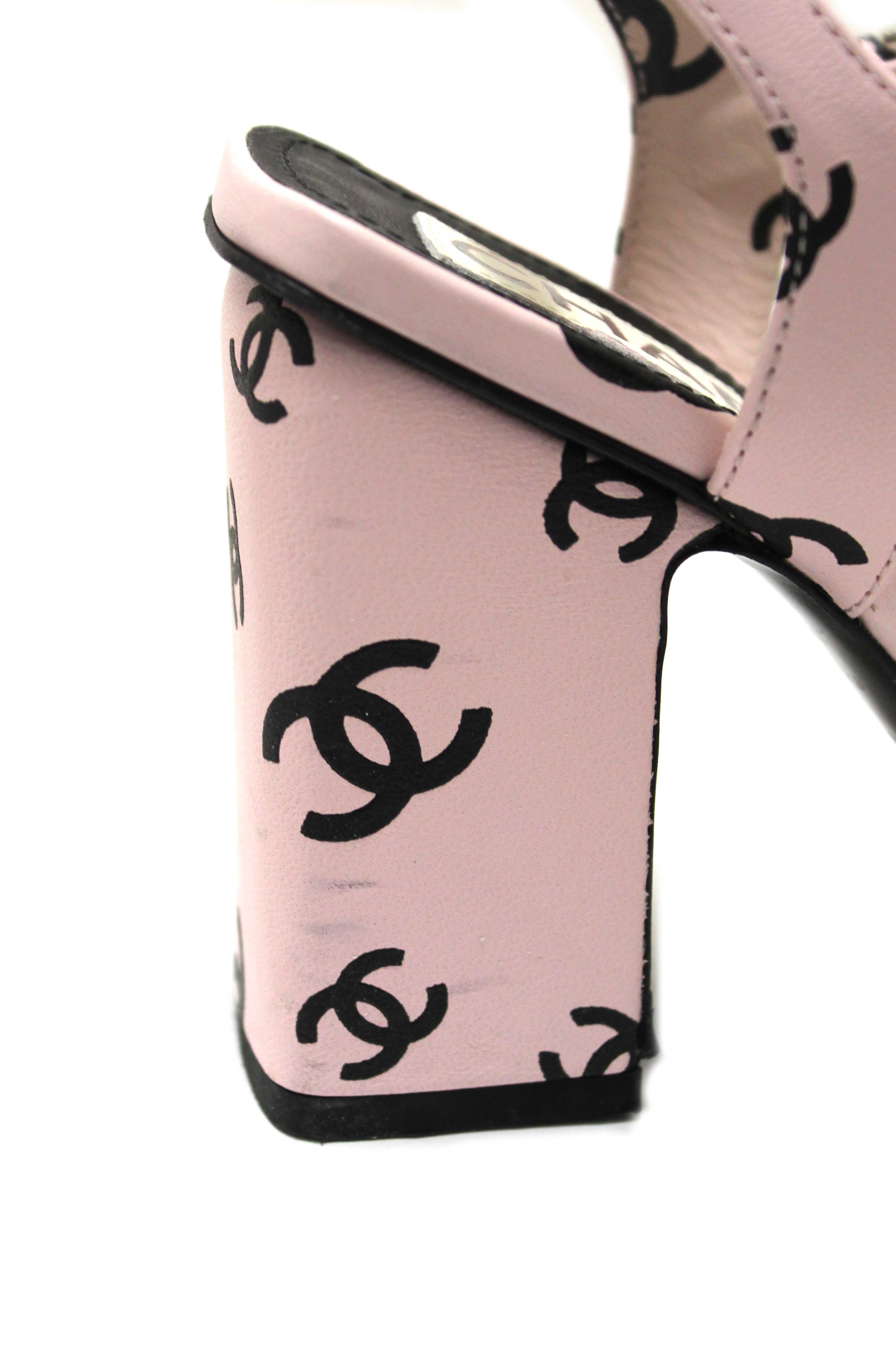 Authentic Chanel Pink Printed CC Logo Lambskin Leather Sandals Shoes 36C