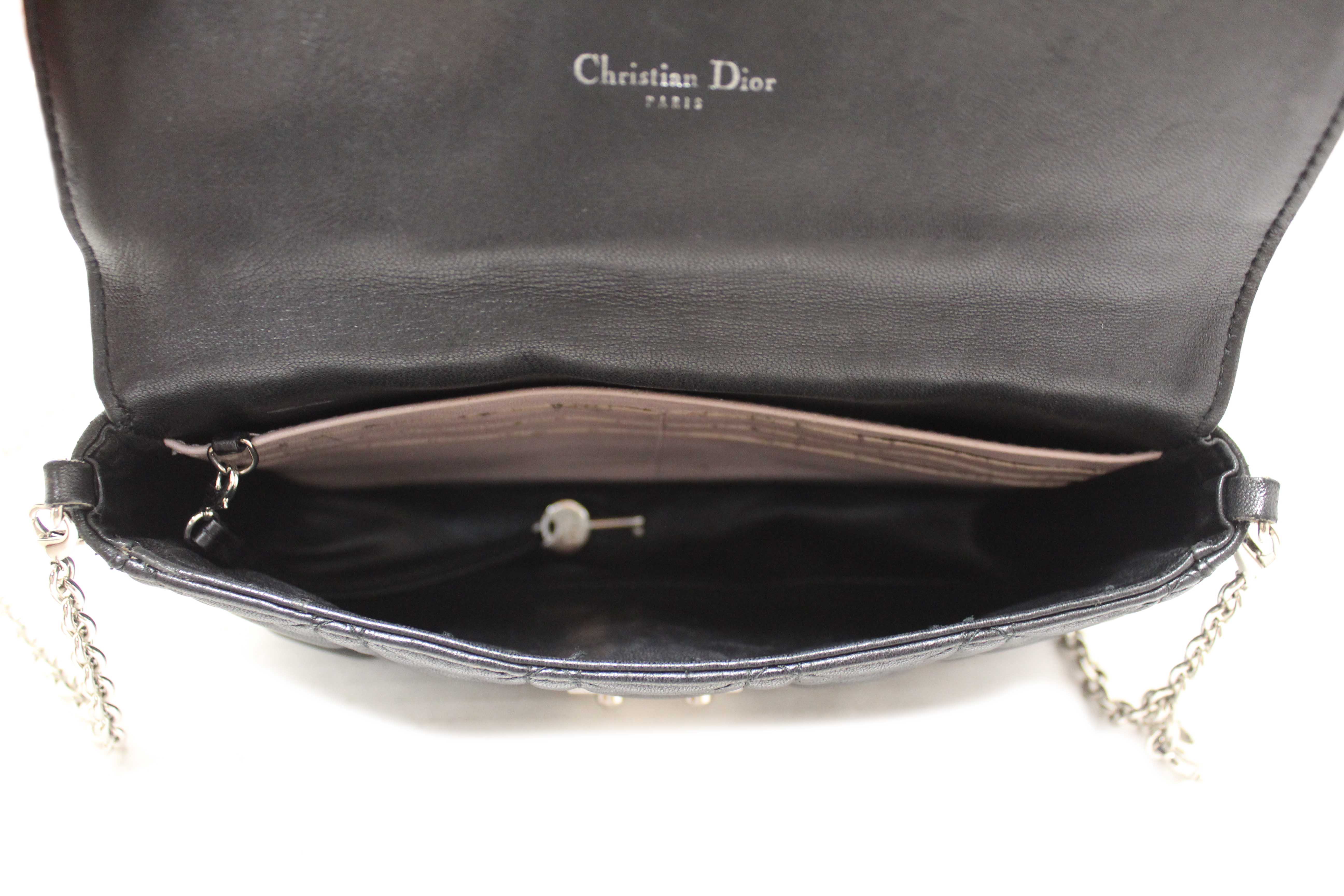 Authentic Christian Dior Black Lambskin Cannage Miss Dior Promenade Pouch Bag