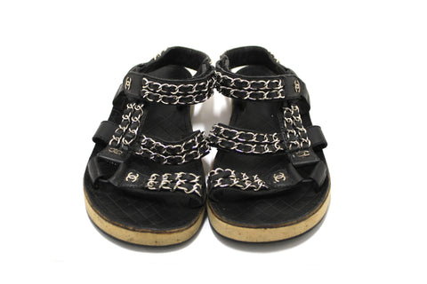 Authentic Chanel Black Lambskin Chain Sandals Size 36