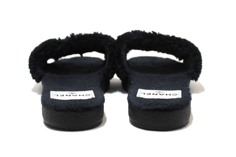 Authentic Chanel Navy Blue Shearling Fur CC Logo Slide Flat Sandals Shoes 36C
