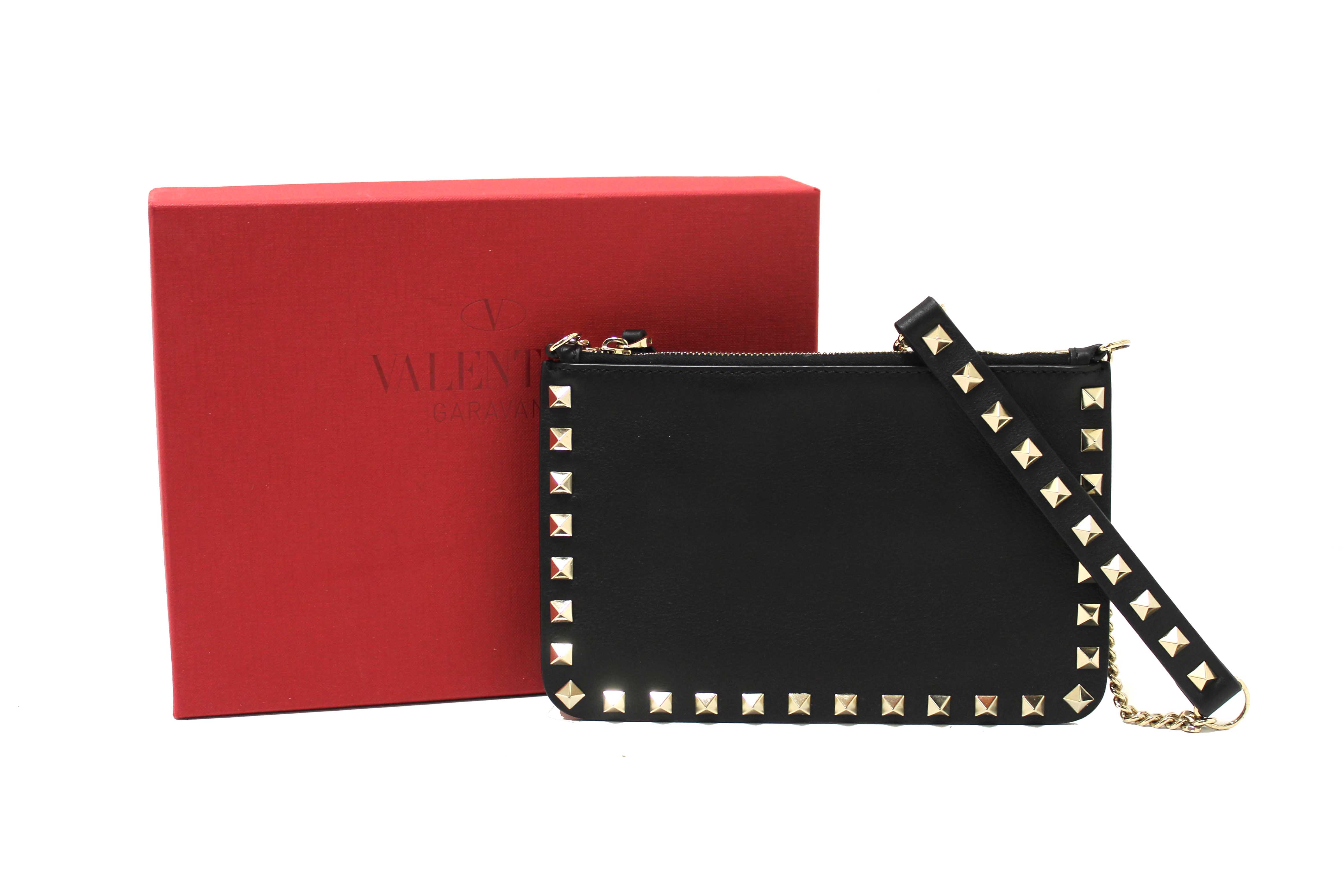 Authentic Valentino Garavani Black Leather and Rockstuds Pouch on Chain