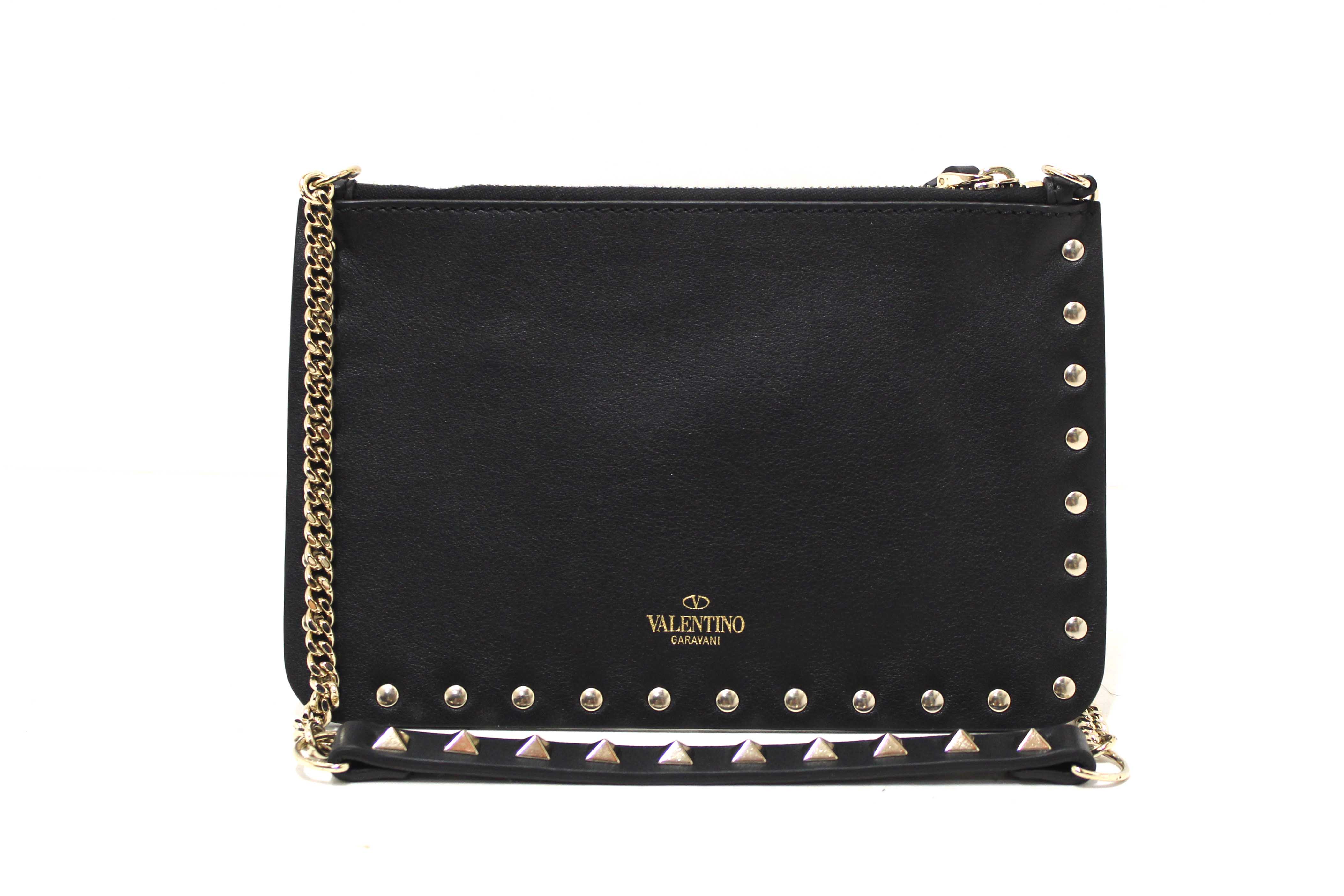 Authentic Valentino Garavani Black Leather and Rockstuds Pouch on Chain