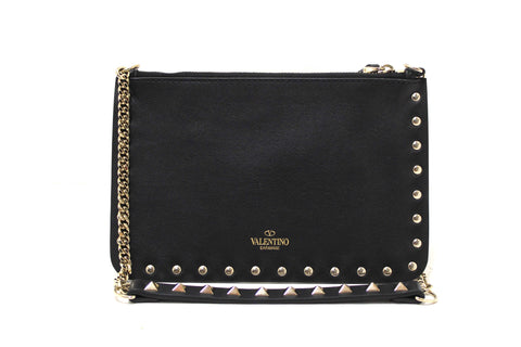 Authentic Valentino Garavani Black Leather and Rockstuds Pouch on Chain