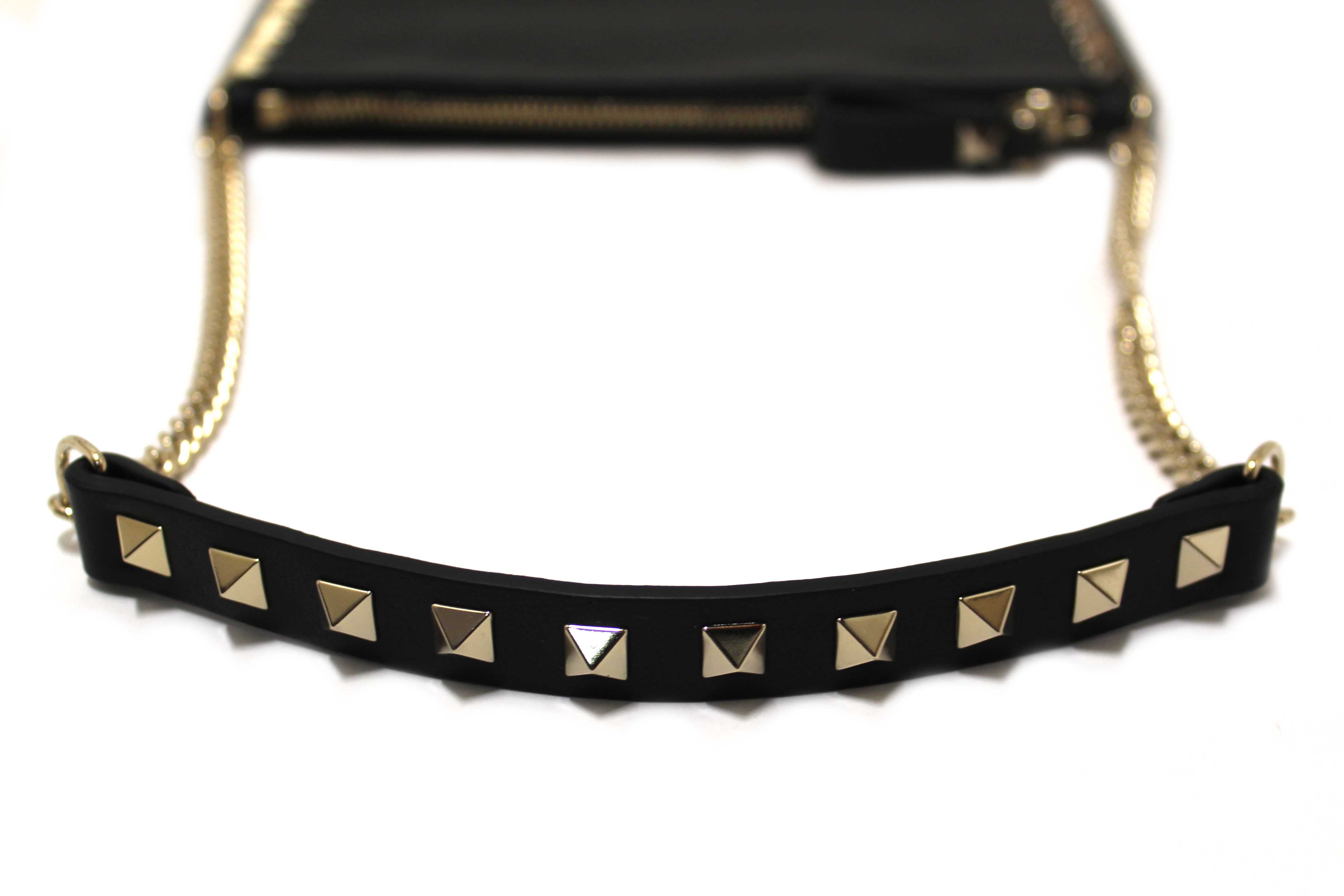 Authentic Valentino Garavani Black Leather and Rockstuds Pouch on Chain