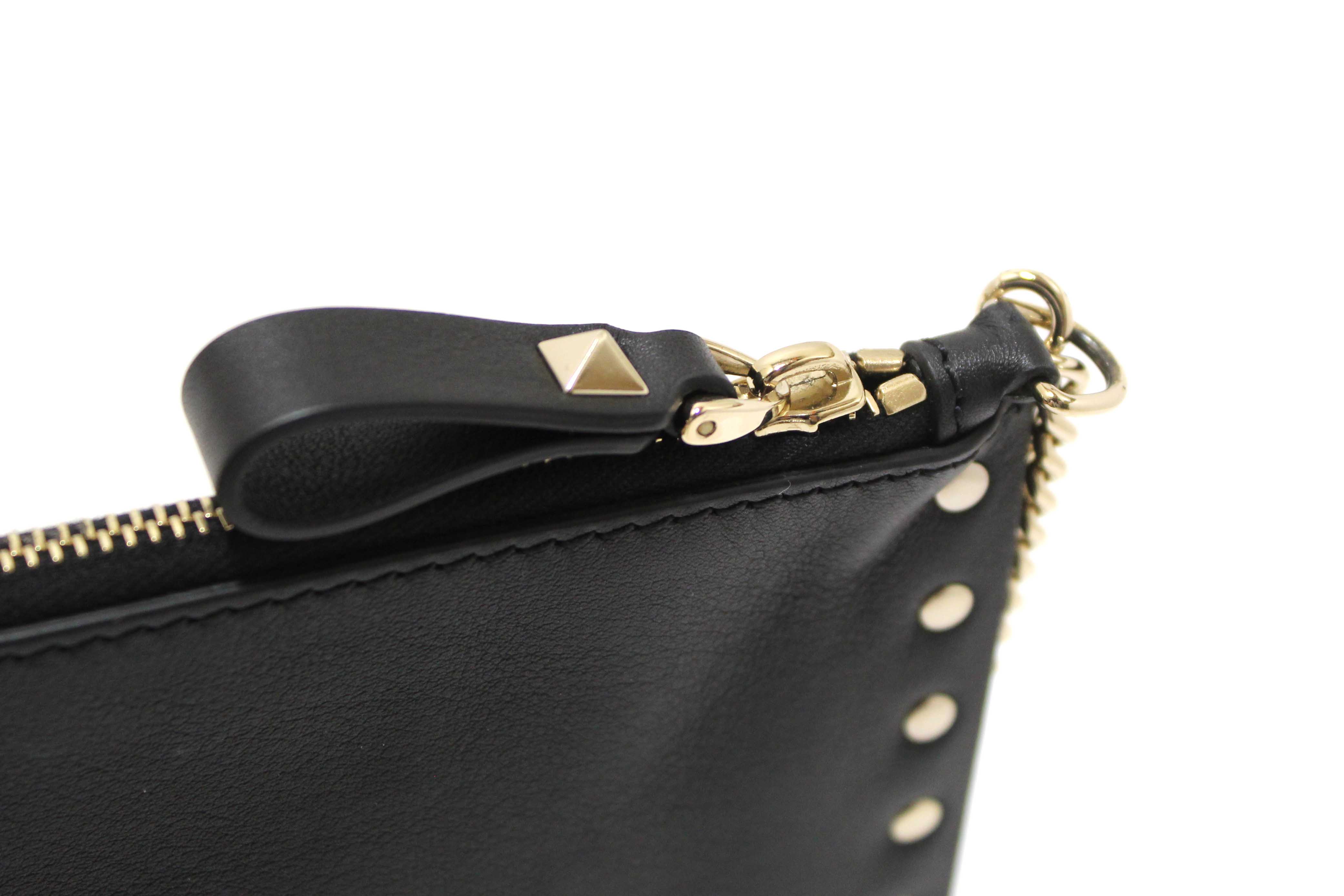Authentic Valentino Garavani Black Leather and Rockstuds Pouch on Chain