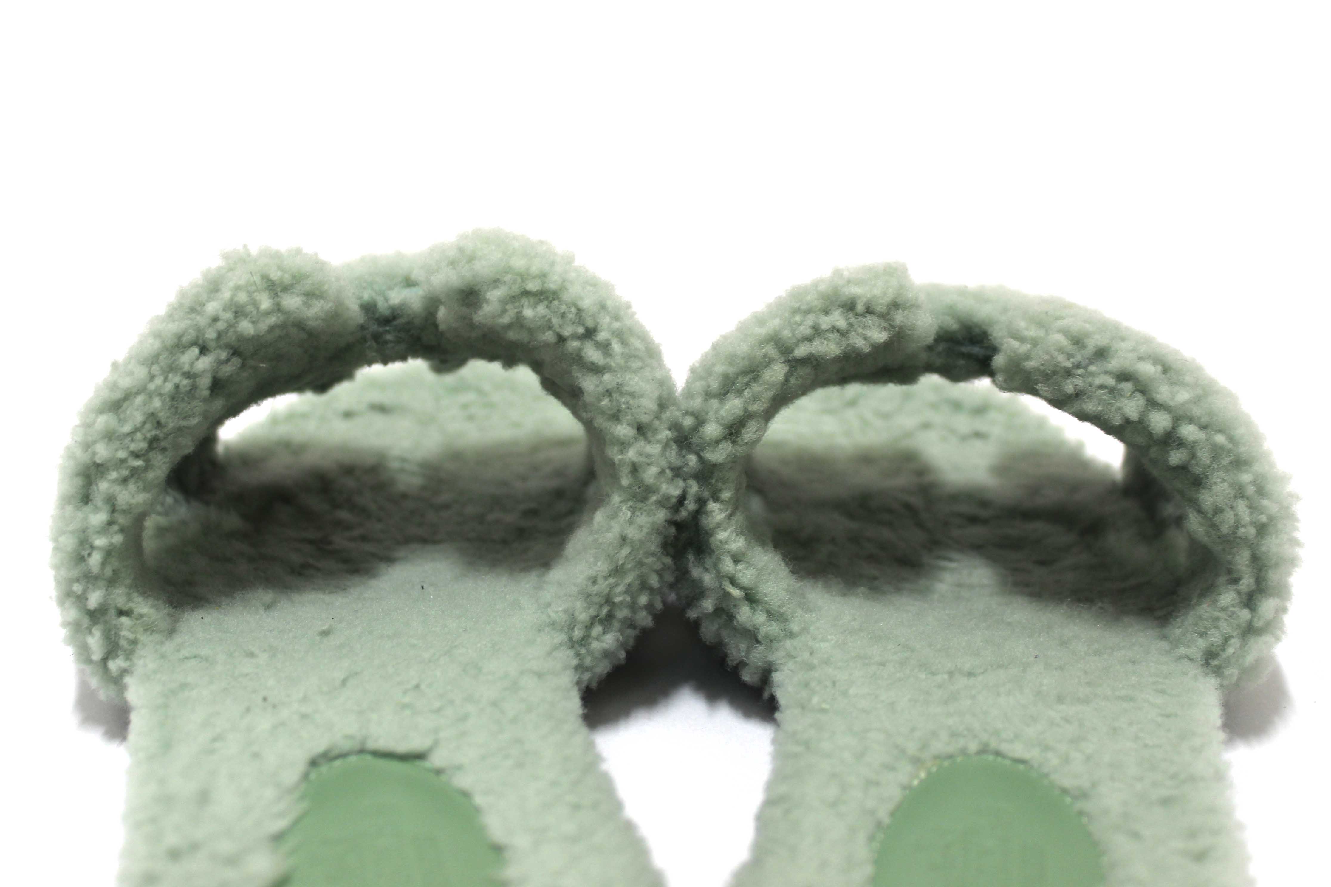Authentic Hermes Green Shearling Fur Oran Flat Sandal Shoes Size 38