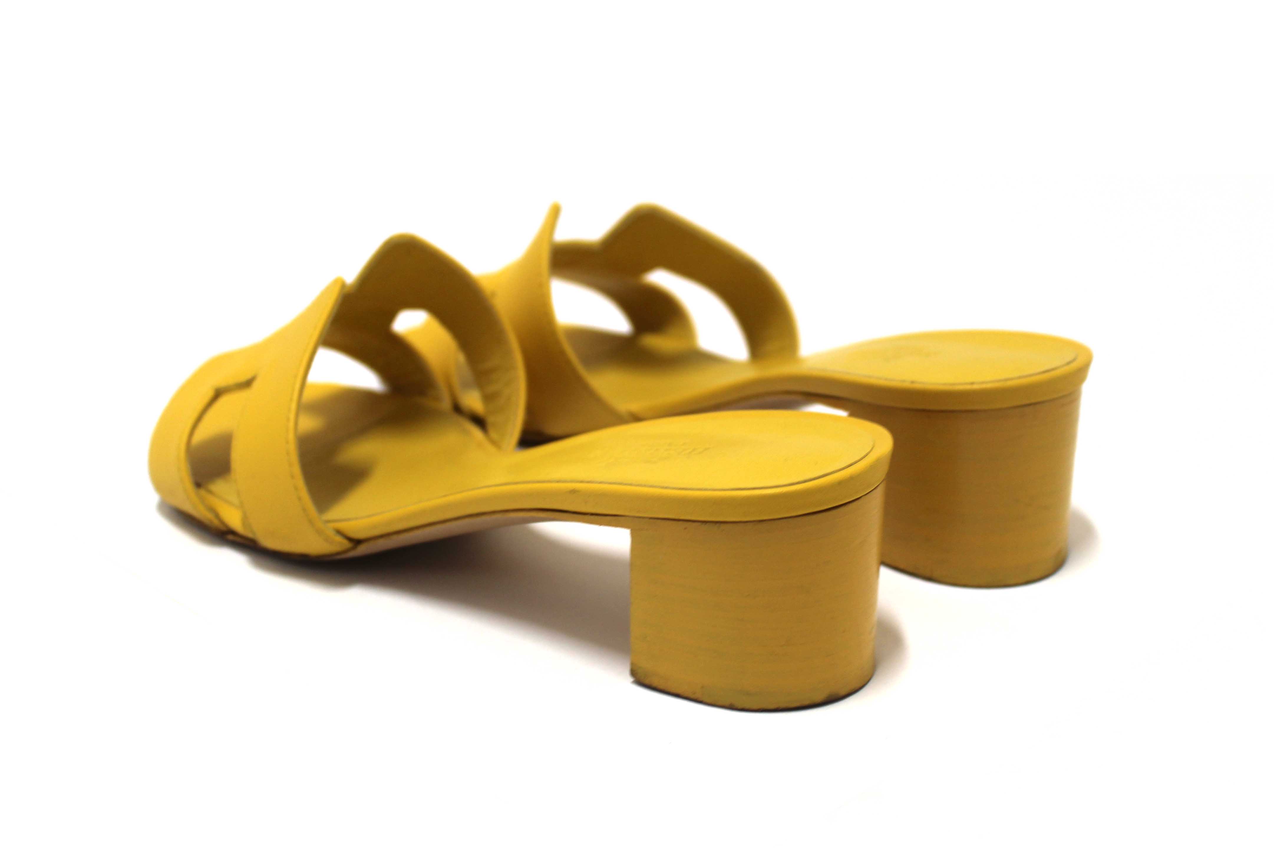 Authentic Hermes Yellow Calfskin Leather Oasis H Sandals Shoes with Block Heels Size 37