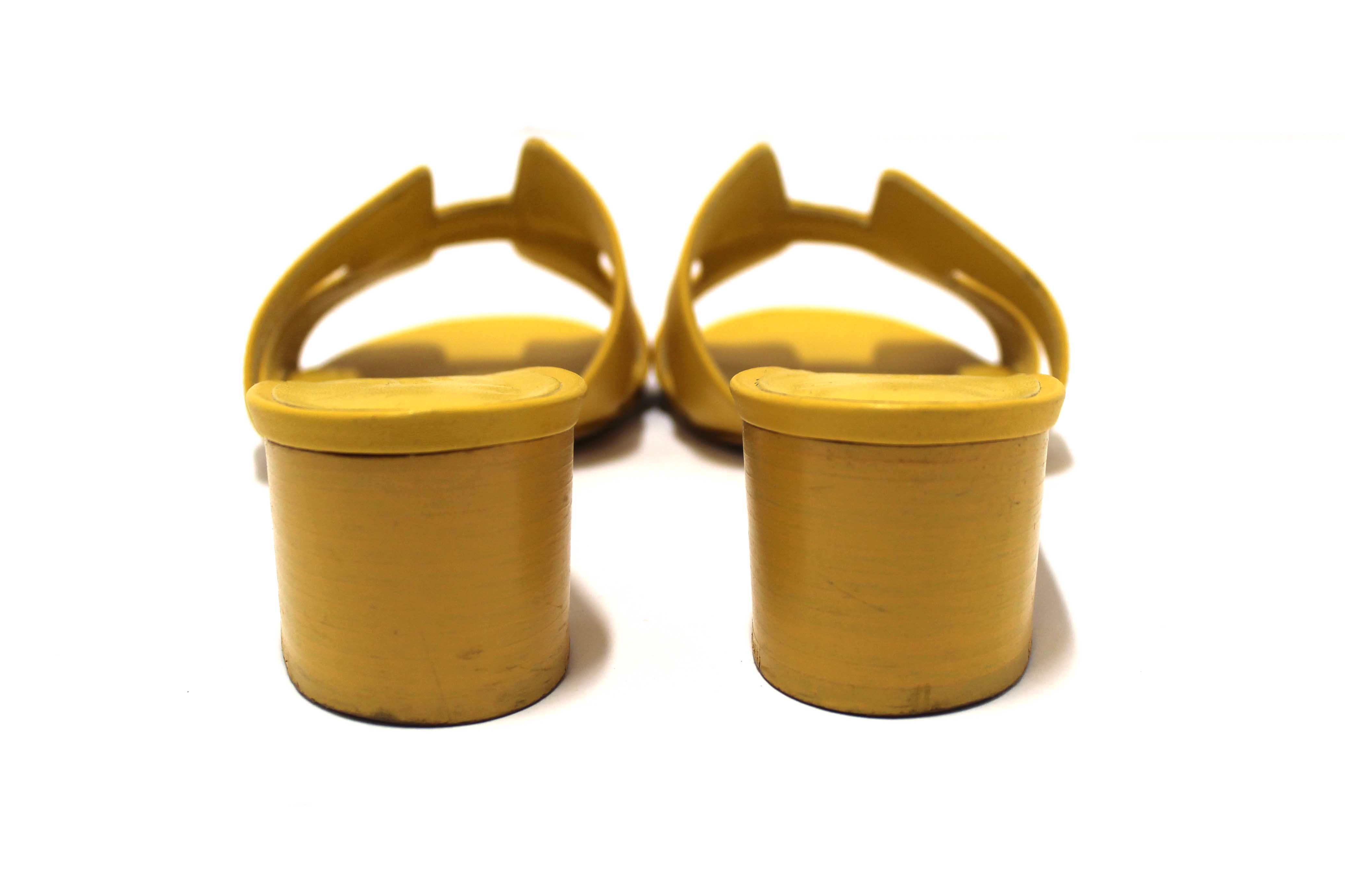 Authentic Hermes Yellow Calfskin Leather Oasis H Sandals Shoes with Block Heels Size 37