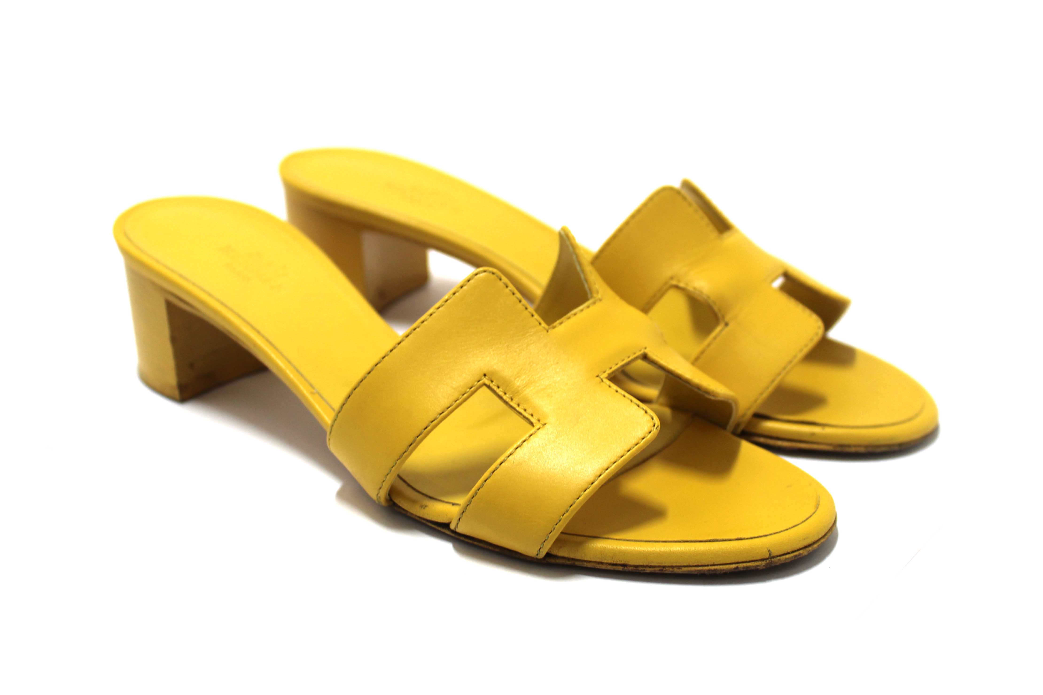 Authentic Hermes Yellow Calfskin Leather Oasis H Sandals Shoes with Block Heels Size 37