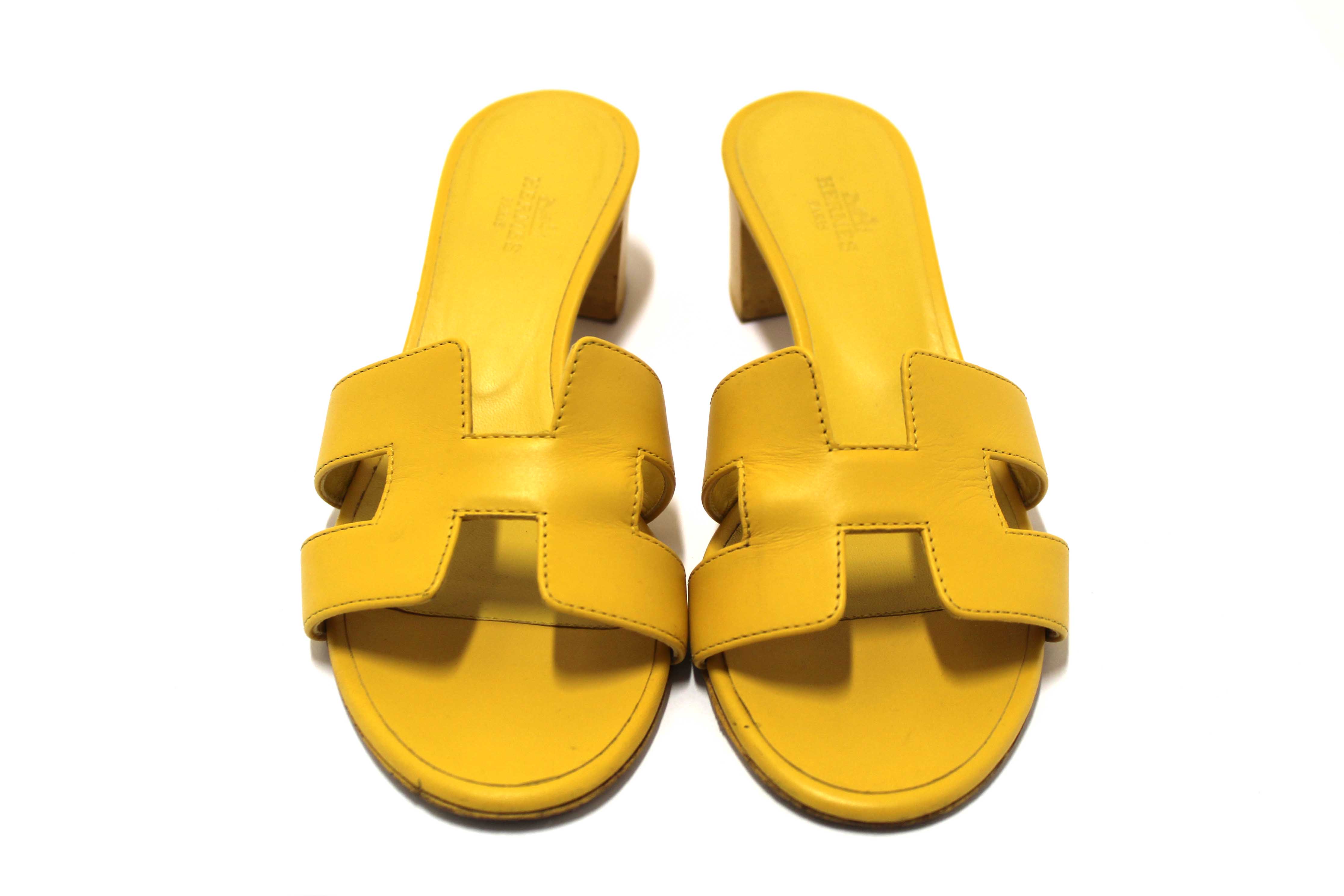 Authentic Hermes Yellow Calfskin Leather Oasis H Sandals Shoes with Block Heels Size 37