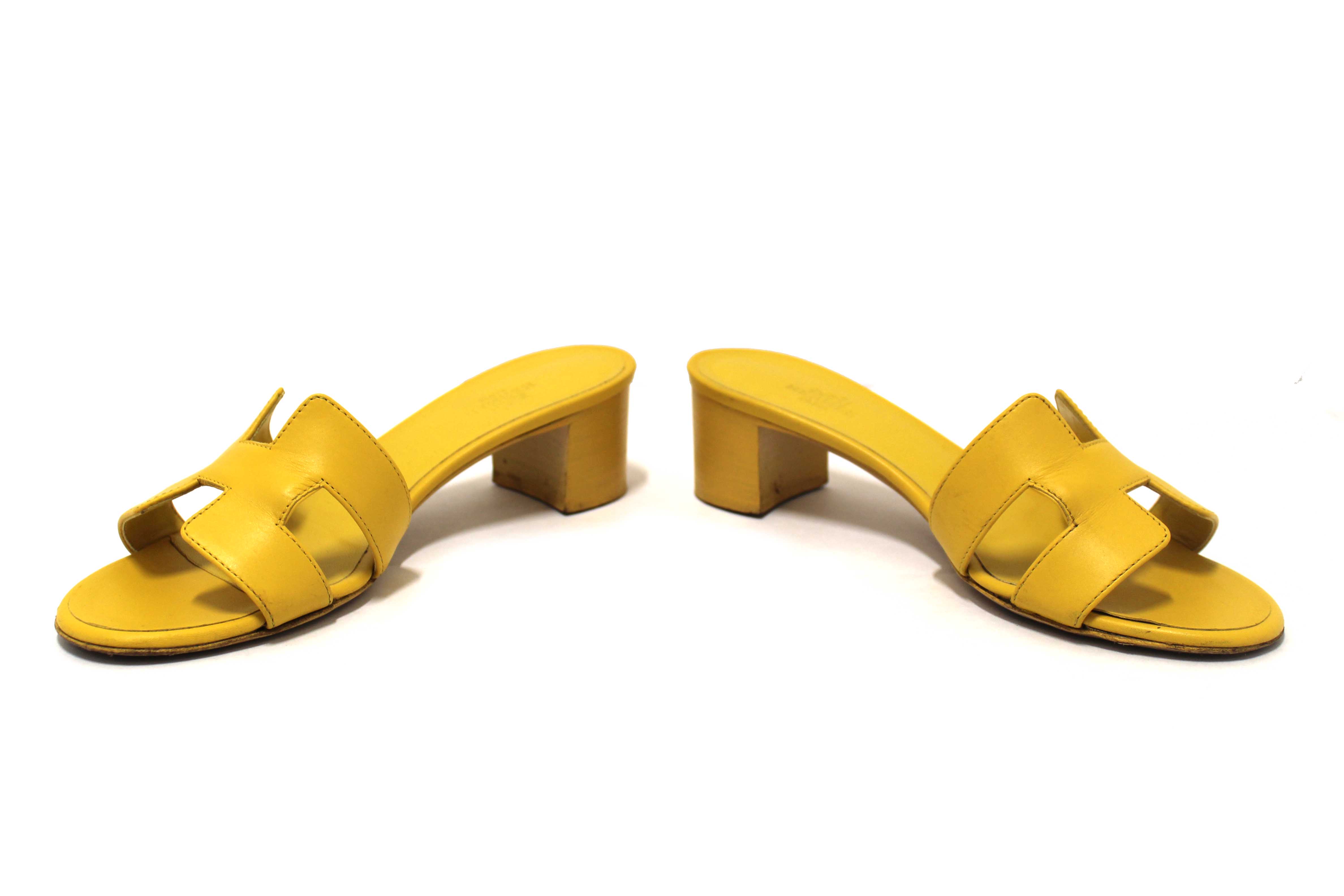 Authentic Hermes Yellow Calfskin Leather Oasis H Sandals Shoes with Block Heels Size 37