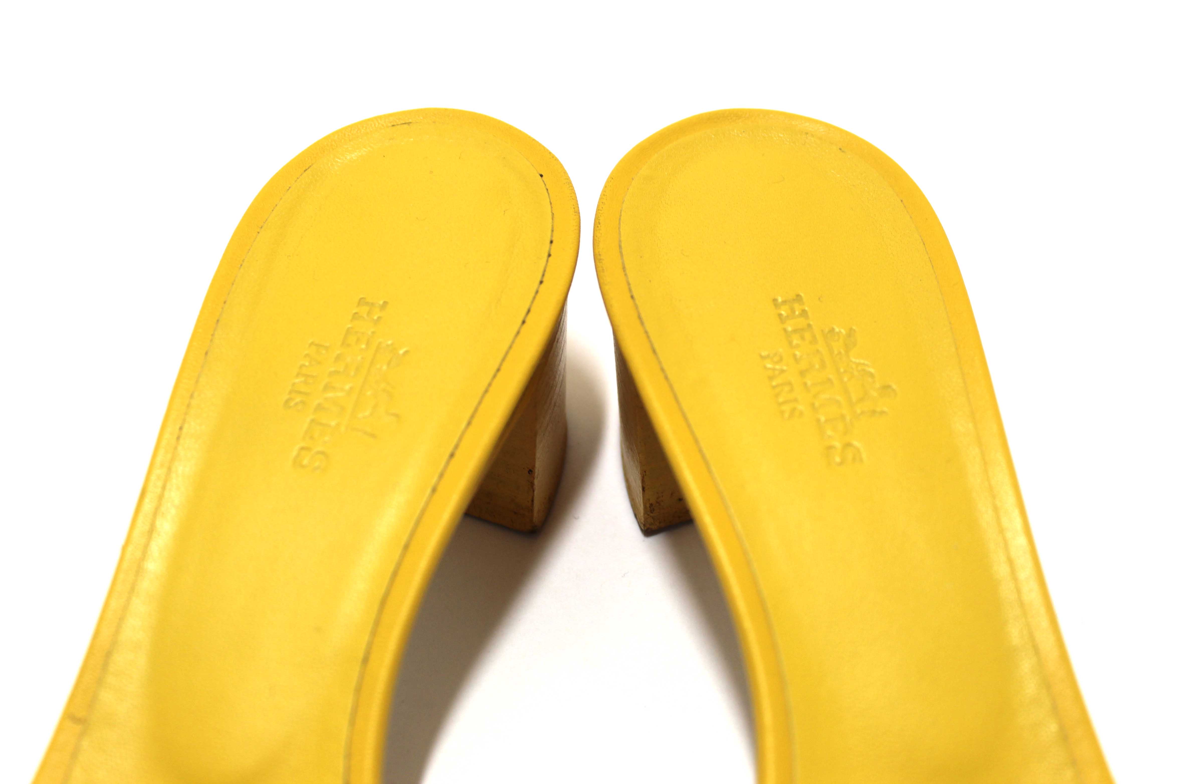 Authentic Hermes Yellow Calfskin Leather Oasis H Sandals Shoes with Block Heels Size 37