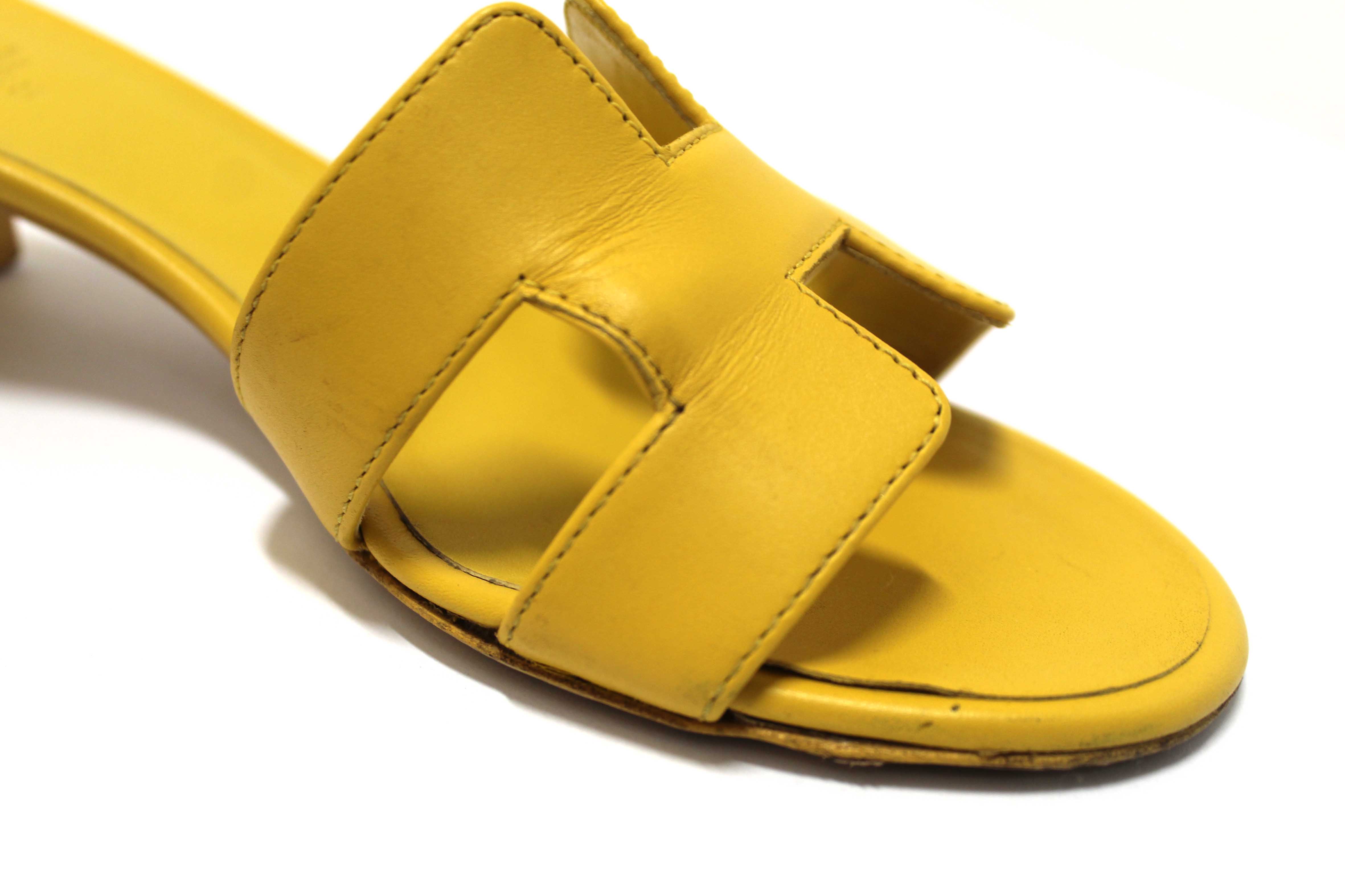Authentic Hermes Yellow Calfskin Leather Oasis H Sandals Shoes with Block Heels Size 37