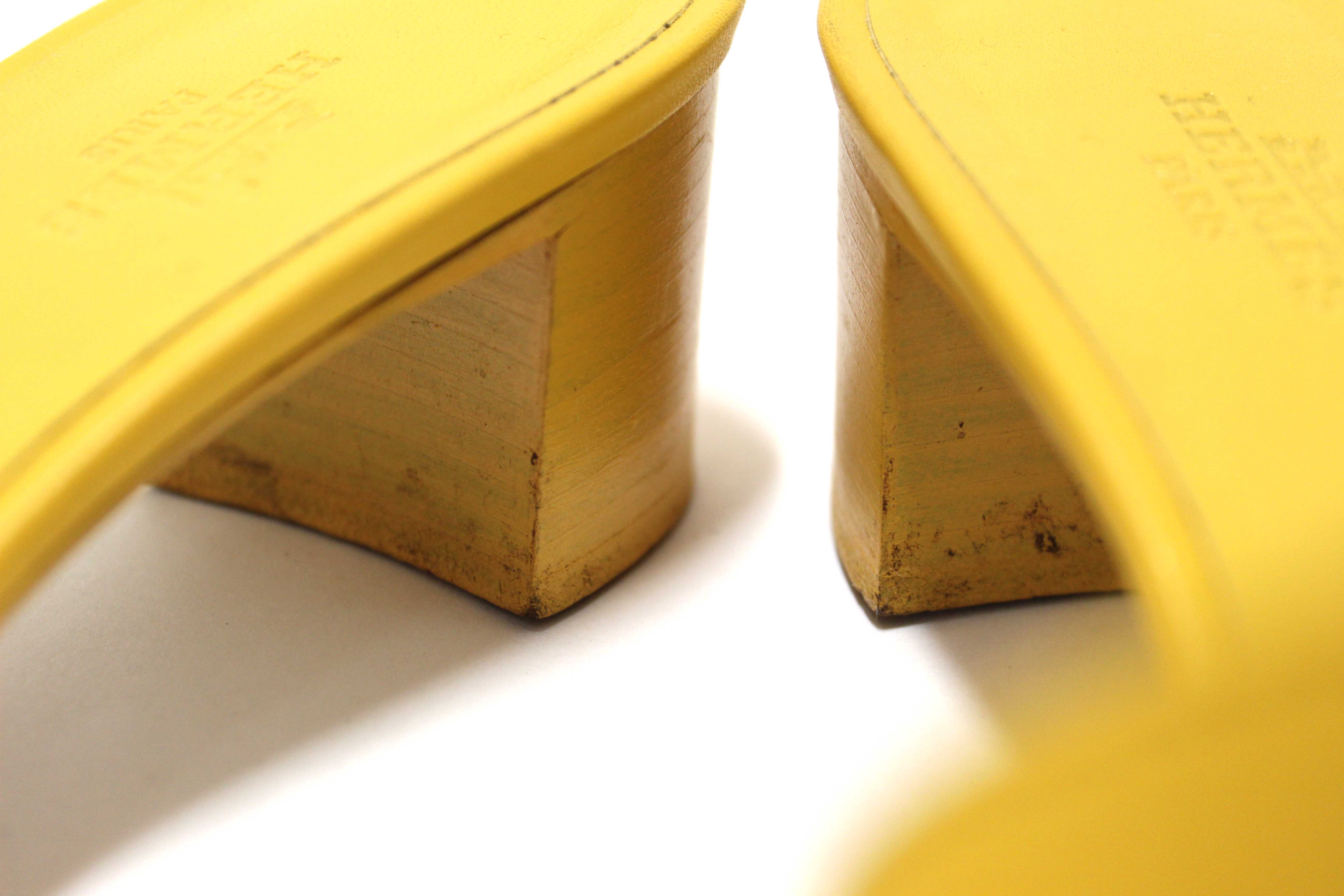 Authentic Hermes Yellow Calfskin Leather Oasis H Sandals Shoes with Block Heels Size 37